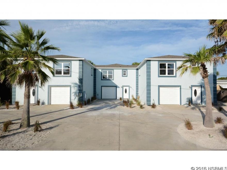 You found it! ... the perfect "beachside getaway" that has it all! This thoroughly and stylishly remodeled 3 bedroom/2.5 bathroom townhome is located just steps to the beach and only a few blocks to great restaurants, pubs and shopping and features an oversize 1-car garage for storing all your vacation-home toys, a large back patio with afternoon shade, and a low maintenance, xeriscaped yard. The all new kitchen features granite countertops with large breakfast bar and glass tile backsplashes, new cabinets with soft-close drawers, lazy susans and slide out pantry drawers, and brand new high-end stainless steel Samsung appliances. The bathrooms feature granite countertops, frameless shower doors, and new fixtures, mirrors and tile. This home is new throughout, including the roof, AC, water heater, paint, Hunter ceiling fans, hurricane-rated windows, doors, tile flooring, carpet, light fixtures, garage door and more. INVESTORS NOTE: The entire complex (3 units) is available for purchase at a negotiable price; rental demand is high in New Smyrna Beach.(Listing information thought to be reliable but is not guaranteed to be accurate; you are advised to verify the facts that are important to you.) ;Water: City