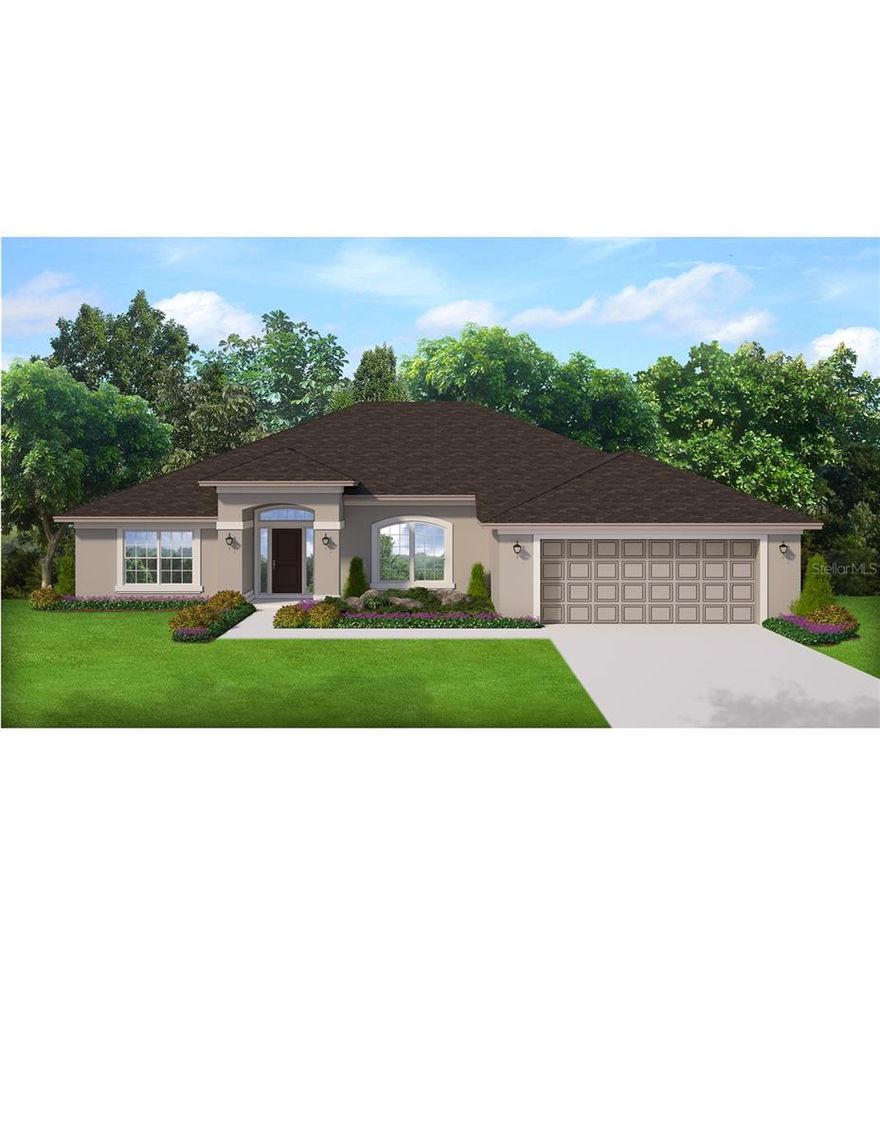 Under Construction. Adams BLOCK AND STUCCO MODEL 2265 ON A .98-ACRE LOT ZONED A-1 WITH NO HOA close to shopping and entertainment. Take in a car show or live entertainment at the Villages Spanish Spring Square only minutes away or have dinner at many of the fine restaurants nearby. You will also be minutes away from the Hwy 484 exit on I-75 for a trip to either Orlando to the East, Tampa to the South or Gainesville to the North. This home is a 4-3 with a side entry 2 car garage and a large, covered rear lanai to enjoy our Florida sunsets. The Home has granite countertops and upgraded cabinets in the kitchen and all bathrooms. We are installing tile everywhere except the bedrooms that will have soft carpet. The master bedroom will have a tray ceiling and in the master bath, we are installing a separate-tiled shower along with a garden tub.  This home also comes with a TAEXX IN WALL PEST CONTROL, IRRIGATION AND A 1 YEAR BUILDER WARRANTY AND 10 YEAR STRUCTURAL WARRANTY. Builder helps with closing costs when Buyer pays cash or closes with a Seller approved lender. Prices /Promotions are subject to change without notice.