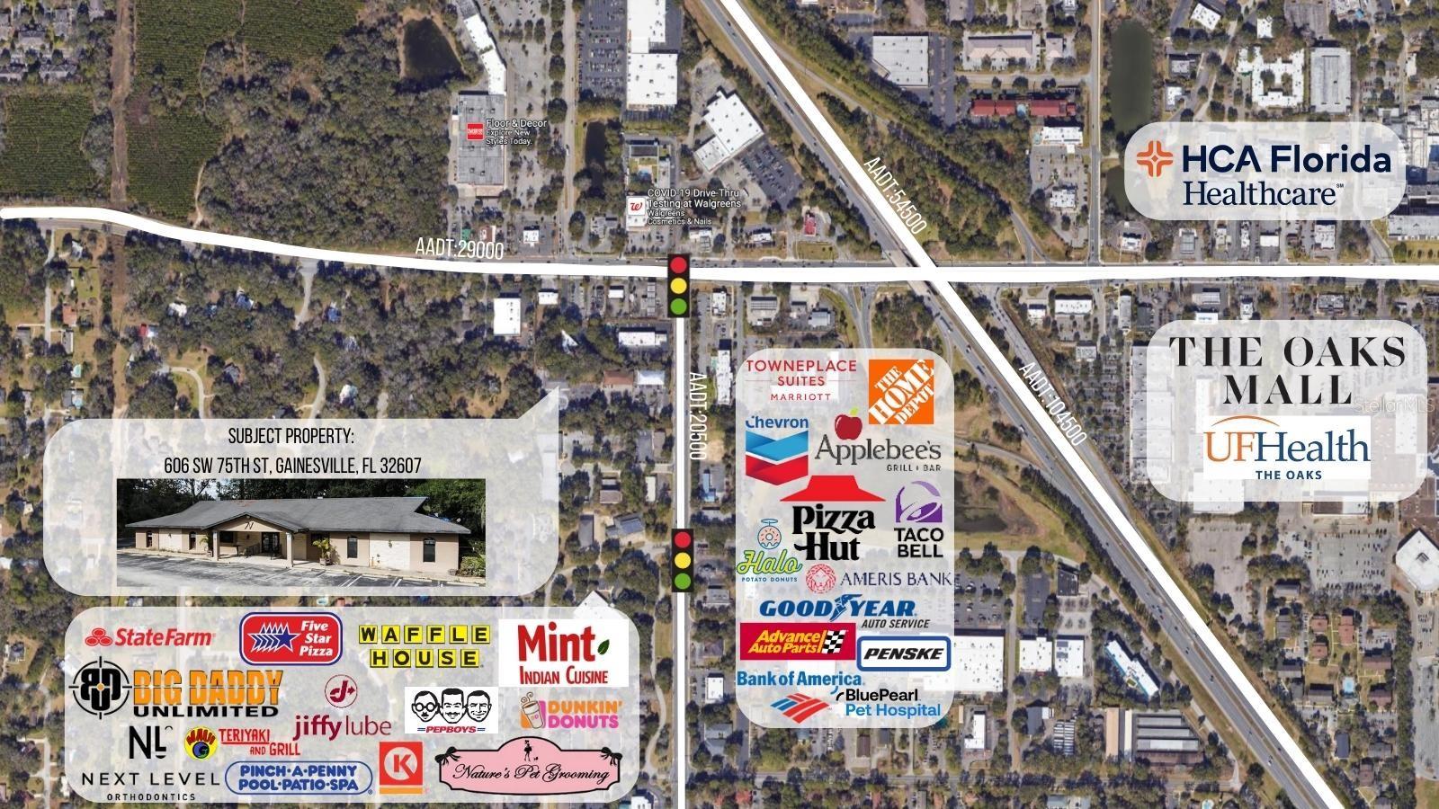 The former Napolitano's Restaurant (previously a Gainesville favorite) is now available for sale. This large 6,424 sq. ft. restaurant space is conveniently situated off the I-75 Newberry Road exit and rests directly off Tower Road (NW 75th Street) with an average daily traffic count of approximately 20,000. Sitting on just over 2 acres, this amply-sized fully built out restaurant space has an impressive occupancy of over 330 and is ready to be brought back to life. The property also features a large monument sign, as well as a beautiful outdoor event space area and ample parking lot. With 2.02 Acres zoned Highway Oriented Business (BH), this parcel also has great development potential that allows for multiple potential uses including; Hotel, Night club/Bar, Medical clinic, Assisted living, Retail, Educational facility and many more.