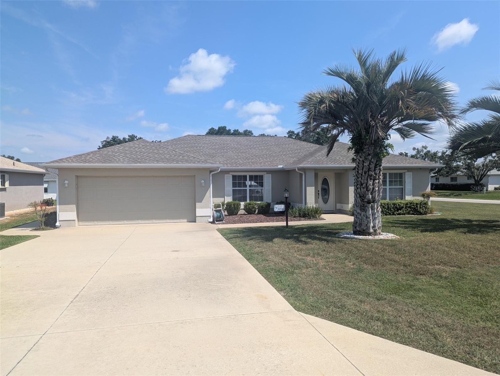 Be sure to preview this 2003 yr built "Oleander" model home featuring 3 BR 2BA and was built by one of Ocala's premier builders Triple Crown Homes. Over 1,700 sq ft of living area. Open Floor plan. The Living Room, Dining area and Kitchen are all open to each other with glass slider doors opening into the screened Lanai that includes an access door to the open patio outside. The kitchen offers plenty of cabinets along with plenty of prep area and is in close proximity to the Laundry room and Guest BR #1 which has two closets and was used as an office. The Primary Bedroom features a walk in closet, vanity sink and a private enclosed tiled shower. The 2nd Guest Bedroom also features a walk in closet and is in close proximity to the guest bath. Folks, if you are looking for a clean ready to move into home that is perfectly situated on a corner lot this property is for you. The two car garage includes an extra 8 ft along with a side access door. The Roof was replaced 2023. The AC replaced 2017. The HOA ($186 monthly) includes water, sewer and trash removal along with the use of a very impressive clubhouse, huge swimming pool, activities to meet new friends and neighbors, fitness room and a Bowling Alley. Marion Landing allows golf carts and has a super SW Ocala location to hospital, professional offices, restaurants and shopping. Take care everyone and we hope to see you soon.