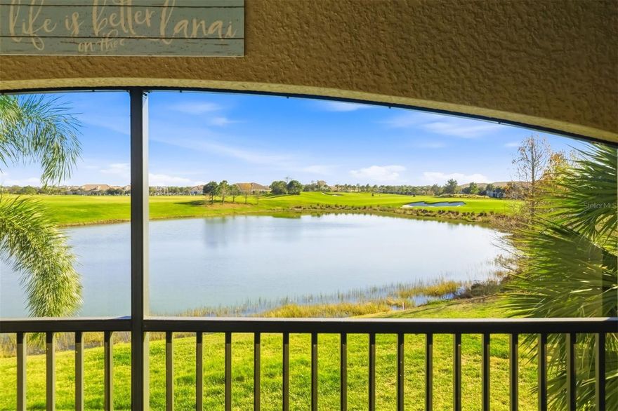 As the sign says, "Life is better on the Lanai" - this is THE unit that epitomizes the slogan.  Located in Lakewood National - known for it's living at a vacation resort lifestyle - your dream becomes a reality here with "the best view" around.  Sitting atop the 9th hole of the commander course - it becomes the 18th hole during the PGA TOUR LECOM Classic on the Korn Ferry TOUR April 1–5, 2026 -  allowing you to watch future PGA stars compete for one of 20 coveted tour cards from your own backyard.  Situated next to the tee box, this true end-unit provides privacy with no neighboring buildings obstructing your view as the Championship reaches the 72nd hole (2024's event featured a 5 hole playoff - bonus golf in your backyard)  Newly painted cabinets brighten up the inside while highlighting the vaulted ceilings specific to second-level floor plans.  The spacious Primary Suite has been enhanced with the addition of a bench seat - great for the furry friends or a good book that leads to a spot for a quick nap.  A quick walk down the par 4 gets you to all that Lakewood National is famous for...The 28,000-square-foot Grand Clubhouse, poolside Tiki Bar, and casual dining at Deke’s Grill, 24-hour fitness center, eight lighted Har-Tru tennis courts, pickleball, and bocce courts, Full-service spa, sauna, and a beach-entry lagoon pool with cascading waterfalls... The LWN Clubhouse also hosts more traditional dining and hanging out at the bar - just steps away from the action....The huge range helps you sharpen your ball striking and a practice green to work on your short game...A full service pro shop awaits as you challenge either the Arnold Palmer designed Commander Course (host to the LECOM Suncoast Classic) or the Piper Course - decisions, decisions...or play 36 in a day!  Come home and drink in THE view as another epic Lakewood National Day draws to and end.  Your Vacation Resort Lifestyle becomes yours...This gated community offers maintenance-free living in one of Florida's top-rated master-planned environments...and now it's waiting for you to turn your dream life into reality!