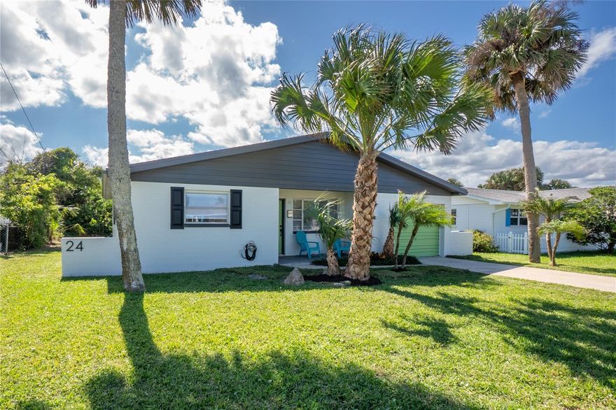 Welcome home to this Ormond By The Sea Beauty!! Only a half block from the beach!! This Mid Century Modern beachside home has been fully renovated with too many upgrades to mention. Enjoy a open floorplan. This home has all new wood kitchen cabinets, vanities and all new plumbing fixtures. Kitchen is outfitted with all new stainless Steel appliances and quartz countertops. Master bath is massive with double sink vanities, Led lights and mirrors. Walkin shower is huge with new fixtures and tile. Master Bath leads to a private patio to enjoy your morning coffee. Master bedroom is split and very spacious. 2nd Bedroom is massive and 2nd bathroom is very stylish and functional with new tile, vanity and led lights and mirror. This home boasts lots of living space as it has a large living room in the front of the home and another family room with wood fireplace open to kitchen and dining room for an open feel. Family room leads out to patio and living room has covered patio in front of house. HVAC is new 2025. Electrical service was just upgraded a year ago. Roof is in excellent shape, irrigation system runs off well and there is an outdoor shower to rinse off sand from Beach. Come and enjoy the Ormond by the beach lifestyle for a very affordable price!!