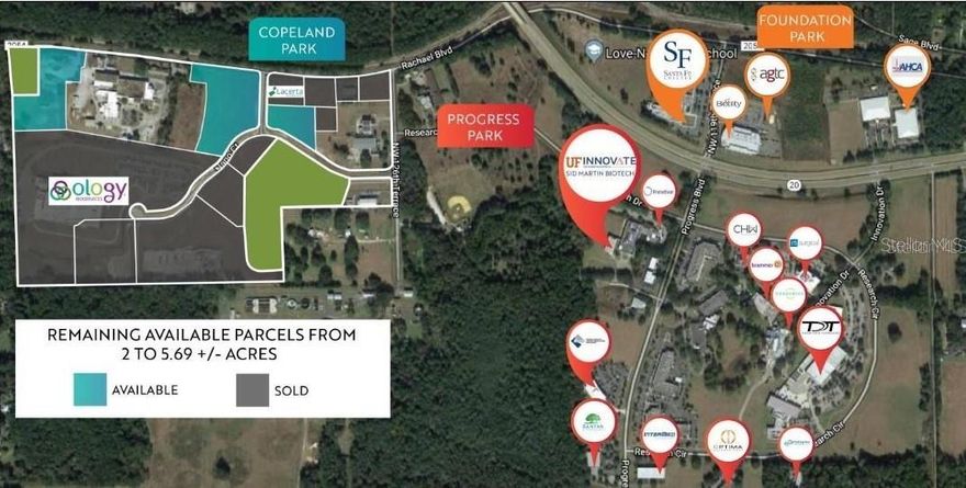 1.0 to 5.69 +/- acres. The land is divisible. Deed restricted industrial parcels in Copeland Industrial Park. There are several lot sizes and prices available. Build to suit and land lease may be available. Located within The Progress District, a well-established business district in Alachua, Florida between Gainesville and Alachua. Copeland Park has flexible zoning and accommodates a mixture of uses including office, warehouse, manufacturing, flex space as well as the needs of growing technology and biotechnology companies. Foundation and Progress Park neighbor Copeland Park with top research companies like Ascend, Evergen, UF Innovate, Intermed and many others. The location is just off of US 441 which has a daily traffic count over 18,000.