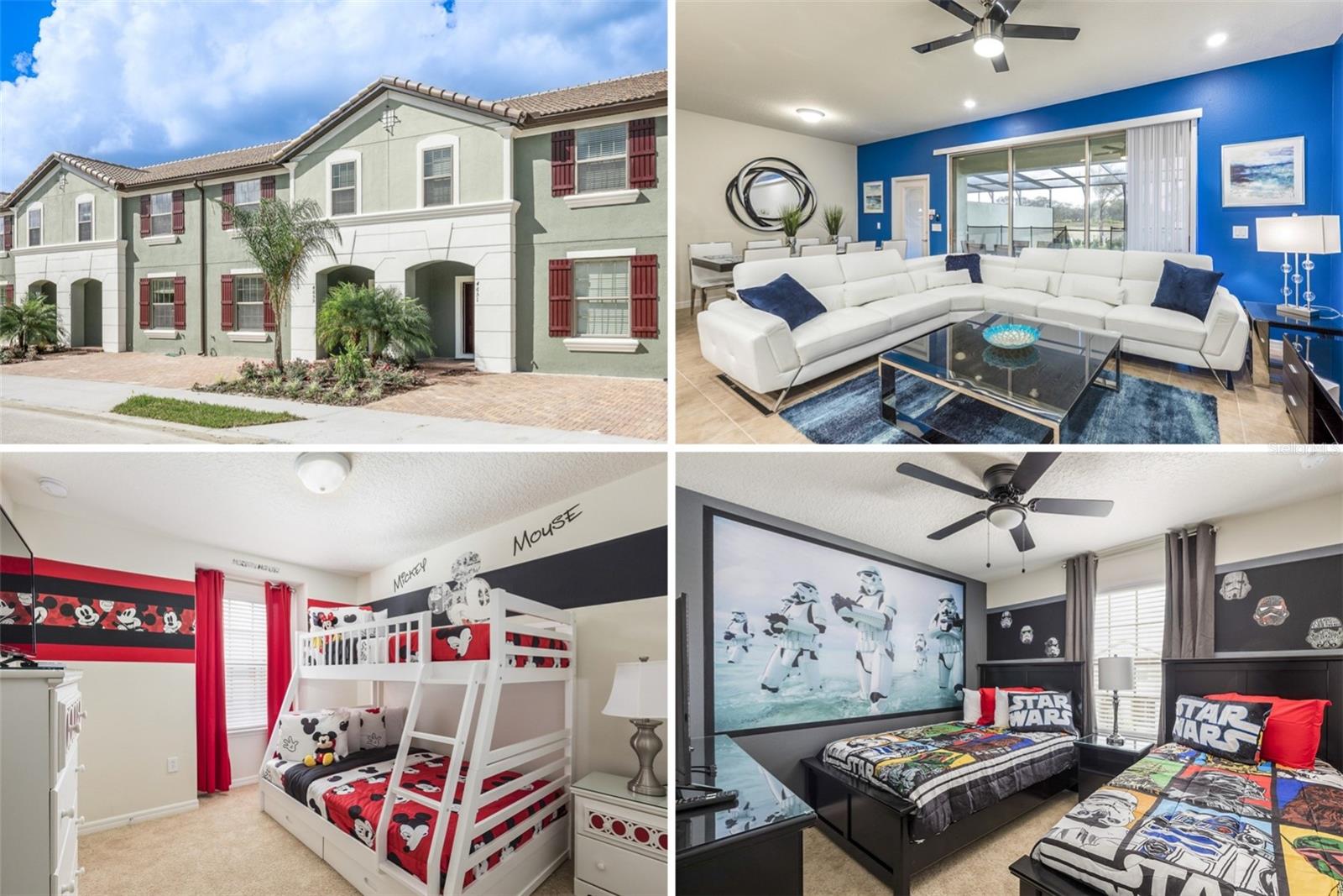Welcome to this beautifully furnished 5-bedroom, 4.5-bathroom townhome located in the highly sought-after, gated resort community of Solterra. Designed for both comfort and entertainment, this spacious retreat offers a flexible layout perfect for families, guests, or short-term rentals.
The home features three king-sized bedrooms, a Star Wars-themed room with a twin and full bed, and a Mickey Mouse-themed bunk room with a twin-over-full setup—sure to delight guests of all ages.
Step outside to your private, screened-in patio and take in the serene conservation views with no rear neighbors. The backyard oasis includes a private pool, expansive deck, outdoor dining area, and chaise lounges—ideal for enjoying the Florida sunshine in total privacy.
Solterra Resort offers world-class amenities, including a 6,700 sq. ft. clubhouse, resort-style pool with lazy river, fitness center, tennis and volleyball courts, playground, and more.
Conveniently located near Orlando’s top attractions, premier golf courses, shopping, and dining—with easy access to I-4—this home is perfect as a primary residence, vacation getaway, or income-producing investment property.
Don’t miss this turn-key opportunity in one of Davenport’s premier resort communities!