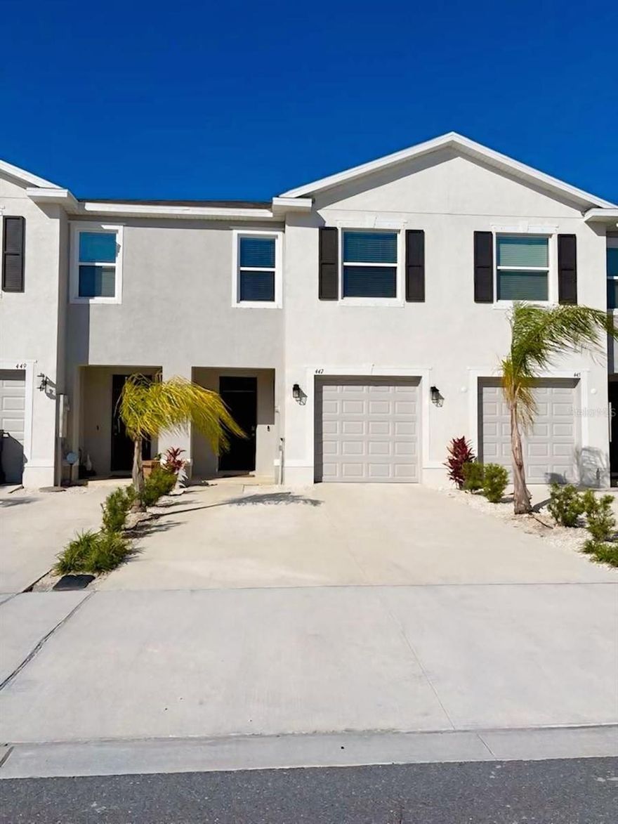 Welcome to this beautiful 2024 newly built townhome featuring 3 bedrooms, 2.5 bathrooms, and a scenic pond view. A large sliding door opens to peaceful outdoor surroundings, perfect for relaxing or entertaining. Inside, you'll find a modern kitchen equipped with new stainless steel appliances and a spacious walk-in pantry, ideal for everyday convenience. The master suite offers walk-in closets and a sleek bathroom with a double vanity. The home also features a one-car garage and a two-car driveway as well concrete walls on both levels for added privacy.
A washer and dryer are included, along with a linen closet for extra storage. Water and lawn care are covered in the rent. The home is part of a welcoming, family-friendly community with access to a resort-style pool and a playground.

Conveniently located near various grocery stores, fitness centers, restaurants, and with quick access to major roads. Just minutes away from the Apollo Beach Nature Preserve, perfect for an evening stroll on the beach.