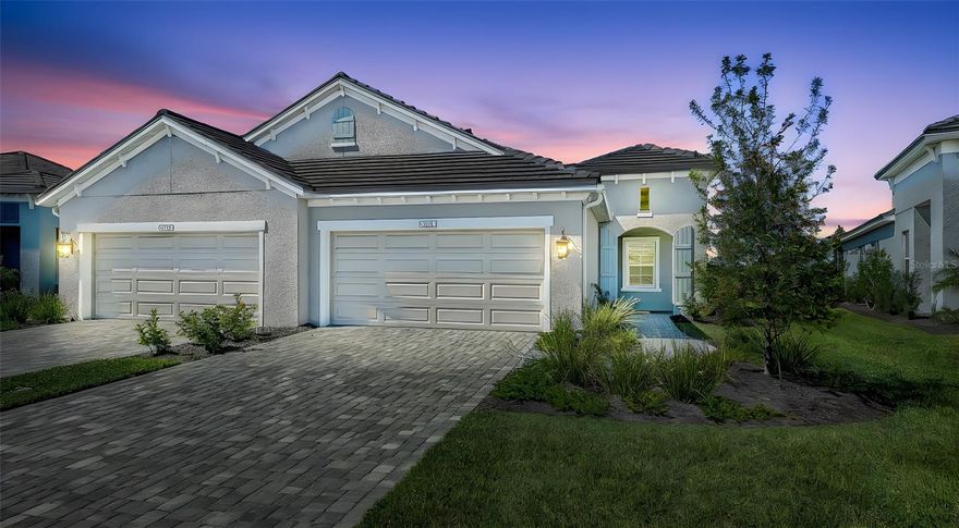 WELCOME TO EASY, ELEGANT LIVING IN THE HIGHLY SOUGHT-AFTER PALM GROVE AT LAKEWOOD RANCH! This TIDEWINDS 2 VILLA offers 1,638 SQ FT OF THOUGHTFULLY DESIGNED LIVING SPACE featuring 2 BEDROOMS, 2 FULL BATHS, A FLEXIBLE DEN/OFFICE, AND A 2-CAR GARAGE. Step into an inviting OPEN-CONCEPT FLOORPLAN with a spacious GREAT ROOM BOASTING 10-FOOT CEILINGS, seamlessly connected to the DESIGNER KITCHEN WITH A CENTER ISLAND, QUARTZ COUNTERTOPS, TILE BACKSPLASH, STAINLESS STEEL APPLIANCES, AND WALK-IN PANTRY. The PRIMARY SUITE FEATURES TRAY CEILINGS, DUAL VANITIES, A WALK-IN SHOWER, AND A GENEROUS WALK-IN CLOSET. At the front of the home, the GUEST BEDROOM AND BATH PROVIDE PRIVACY AND COMFORT FOR VISITORS. Use the additional DEN AS A HOME OFFICE OR FLEX SPACE TO FIT YOUR LIFESTYLE. Step outside to your private SCREENED LANAI BACKING TO PEACEFUL GREENSPACE – ideal for morning coffee or sunset relaxation. Enjoy MAINTENANCE-FREE LIVING IN A GATED COMMUNITY WITH A RESORT-STYLE AMENITY CENTER, including POOL, SPA, FITNESS CENTER, AND PICKLEBALL COURTS. Located just minutes from shopping, dining, top-rated golf courses, and Gulf Coast beaches. EXPERIENCE THE BEST OF FLORIDA LIVING IN A BRAND NEW, NEVER-LIVED-IN HOME — WITH BUILDER WARRANTIES IN PLACE. WHY WAIT TO BUILD? THIS MOVE-IN READY VILLA IS AVAILABLE NOW!