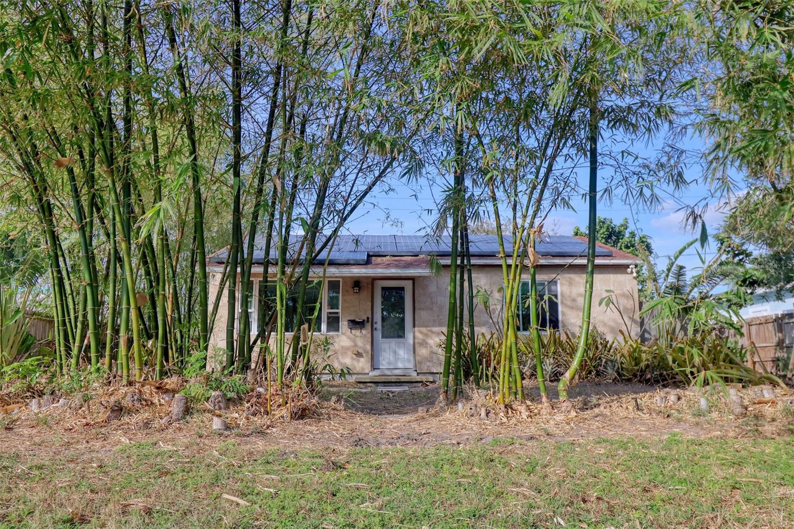 Dog-Friendly Oasis: 2-Bedroom house with Fenced Yard. This charming two-bedroom home is surrounded by lush bamboo, it offers a serene, tropical vibe. The fully fenced backyard is ideal for your furry friend to play and explore the outdoor space. Inside, you’ll find an updated bathroom with a step-in shower, a modern kitchen featuring a dishwasher, a new fridge, and stunning marble countertops, plus luxury vinyl plank flooring that’s easy to maintain. The back screened porch includes a stackable washer and dryer hookups and leads to a shaded patio—great for relaxing while your dog enjoys the yard. Practical features include a solar-powered energy system for consistently low bills, a free security system. The oversized lot includes a spacious concrete driveway with ample parking. Location is everything! This home is centrally located with easy access to shopping, specialty stores, the interstate, beaches, and downtown St. Petersburg.