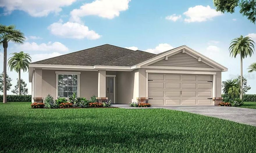 New construction home with 1819 square feet on one-story including 4 bedrooms, 2 baths, and an open living area. Enjoy an open kitchen with Quartz countertops, Samsung stainless steel appliances, a walk-in pantry, and a spacious counter height island, fully open to the dining café and gathering room. The living area, laundry room, and baths include luxury wood vinyl plank flooring, with stain-resistant carpet in the bedrooms. Your owner's suite is complete with a walk-in wardrobe and a private en-suite bath with dual vanities, a tiled shower, and a closeted toilet. Plus, enjoy a covered lanai, 2-car garage, custom-fit window blinds, architectural shingles, energy-efficient insulation and windows, and a full builder warranty. "Please note, virtual tour/photos showcases the home layout; colors and design options in actual home for sale may differ. Furnishings and decor do not convey