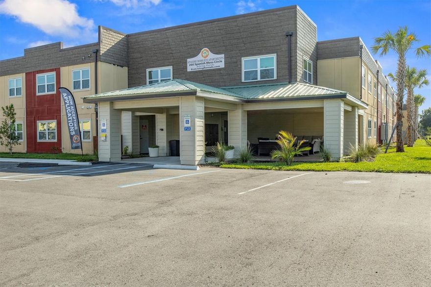 Discover eco-friendly living at Spanish Moss ECO Apartments, where modern design meets sustainability. Featuring rooftop solar panels and energy-efficient construction, the building offers a comfortable, environmentally conscious lifestyle. Built with hurricane-resistant construction, it provides a safe haven during storms.

All units are handicap accessible, with elevator access to the 2nd floor. Spacious garages are also available to accommodate both vehicles and golf carts. Community amenities include a covered gathering area, business & fitness center, library, and a community meeting room. Parking is unassigned but there are garages available for additional rent. Garage space can be rented separately by tenant. 

Rent payment includes High Speed Fiber Internet, Water, Electric, and Trash. Deposit is $300 with approved Credit. Pets allowed with Non-Refundable Pet Fee of $350 (1st) and 150 for additional. 2 pet max. Pet Rent is $25 per pet monthly. Multiple units of this style and size available. A non-negotiable monthly fee of $300 will be added to the base rent, effective upon execution of the lease agreement. This fee covers essential utility services and internet provided by the landlord as part of the tenancy. All utilities are managed directly through the landlord.
