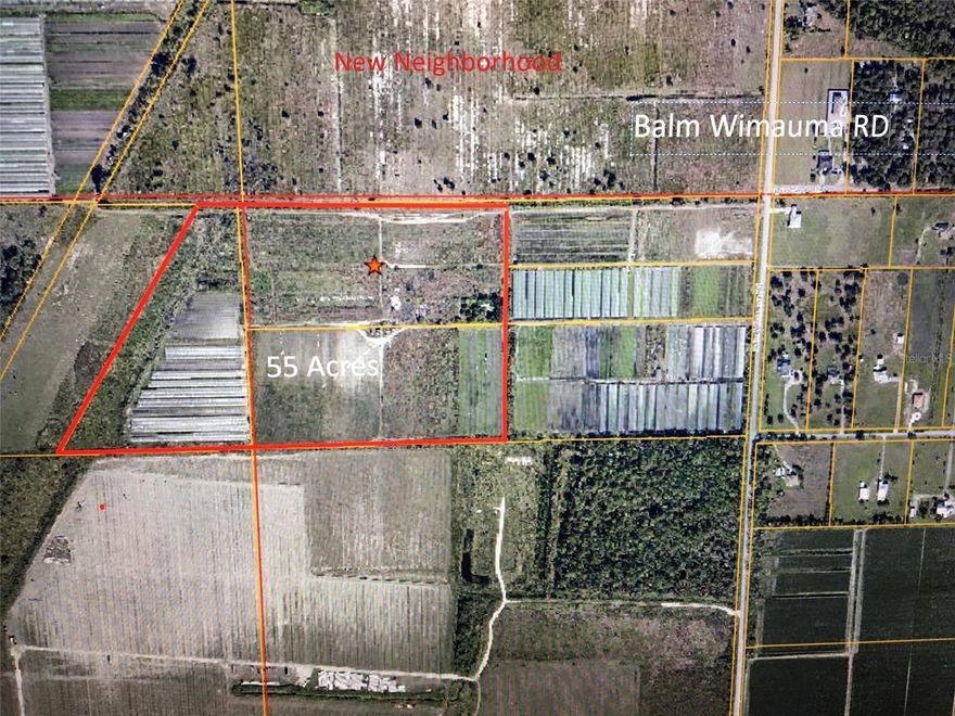 A total of 55+ acre agricultural farm land for the sale (3 adjacent parcels: U-36-31-20-64S-000000-00003.0; U-36-31-20-64S-000000-00004.0; and U-36-31-20-64S-000000-00005.0). Two parcels was originally used to grow vegetables, while one parcel was used as nursery. Wells and electricity are available. Located at Balm Wimauma Road, less than 10 minutes to downtown Riverview, 45 minutes from downtown Tampa. A new, big neighborhood at adjacent lots are under construction (see Pics 8-12). Seller Financing available.