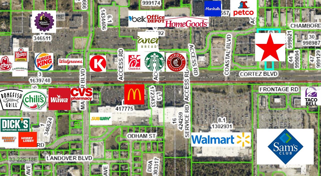 INCREDIBLE C2 COMMERCIAL LOCATION!! One of the best locations in the county! 3.29 acres made of a total of 5 lots on Cortez Blvd just across from Walmart Supercenter! Public water and sewer available. Annual Average Daily Traffic Count is very high at 44,000!! Located in the center of the county and in a hugely populated area...and the only larger land parcel still undeveloped right on Cortez near this busy intersection of Mariner and Cortez/Hwy 50. Also nearby is Starbucks, Wawas, Circle K, Chick-fil-a, McDonald's's, Beacon Movie Theater, Walgreens, CVS, Texas Roadhouse, Carrabba's, Chili's, Bonefish, Ruby Tuesdays, Hobby Lobby, Dick's Sporting Goods, Office Depot, Home Goods, Marshals, Belk, Bealls, Burger King, Wendy's, Arby's...and soooo much more!! The lots also have access from the road in the back, Chambord Street, for extra and convenient access in and out of the property. You have 5 BUILDABLE LOTS!! You can put multiple buildings/businesses on the property or you can have one large business with the amount of acreage you have. Each lot is approximately 100x277. All 5 lots are zoned C2. This sale includes 2 parcels that make up the 5 lots: R28 222 18 3040 00A0 0370 and R28 222 18 3040 00A0 0420. Public water and sewer available for connection. Buyer must put in 15 parking spots that Bomhoff (neighbor) can use to accommodate parking (on his Lot 43) and provide storm drainage to accommodate those spaces and an additional 2600 sq ft building. See attached agreement.