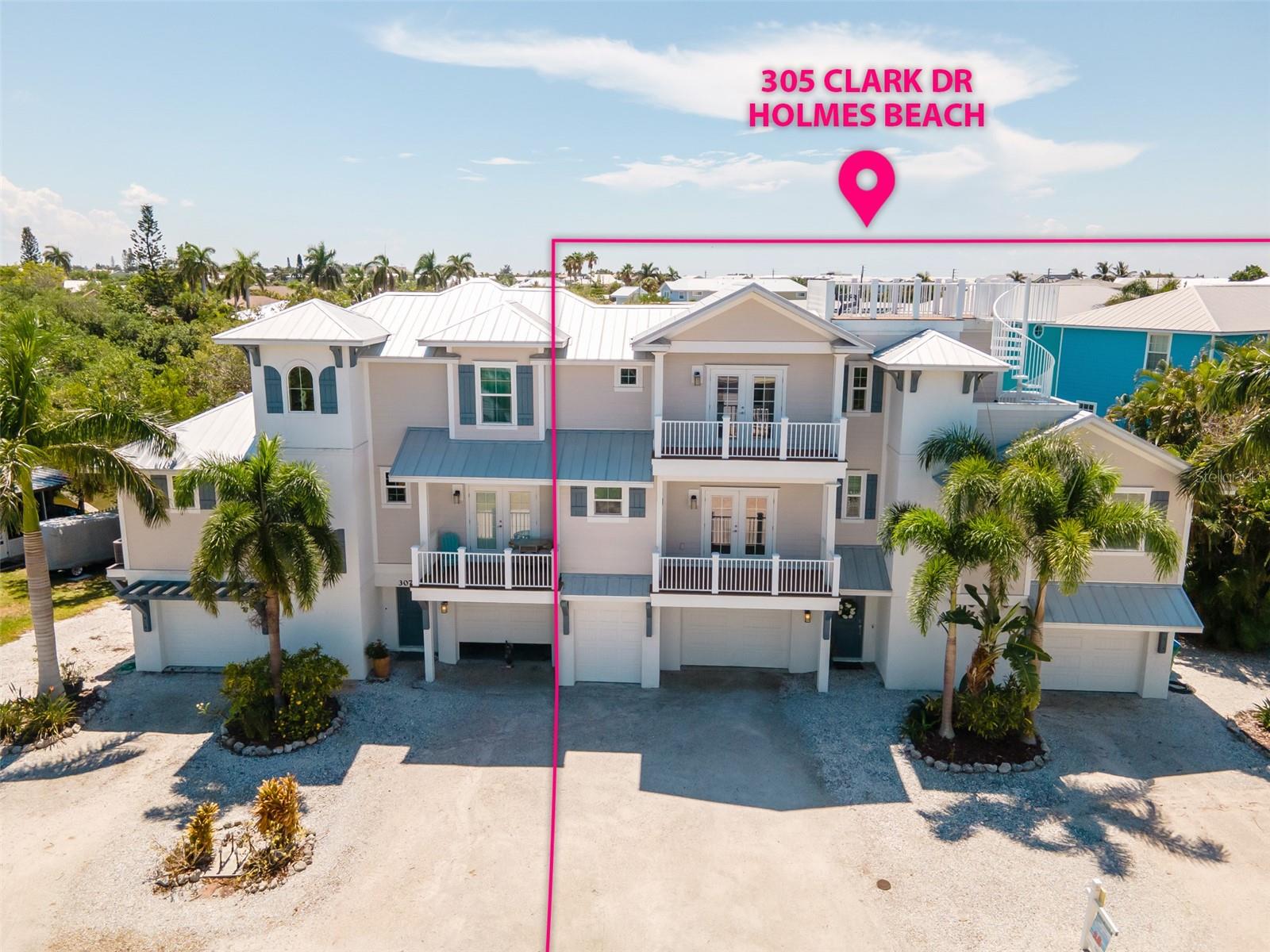 This beautiful Costal duplex is the larger of the two units boasting over 2,200 sf of elevated living space. This island Gem is located right in the heart of Anna Maria Island and borders the island's only true lake. The property is also located close to the beach, restaurants and shops. Enjoy this property as a full time beach home, second home or a rental property as it is permitted to be rented weekly! The home can be purchased turn key and rental ready with annual income projected at aprox. $150,000.00 This 3 story home was finished in November 2015 and has 3 bedrooms, 3.5 bathrooms, an elevator shaft and dual HVAC systems. Each bedroom has its own en suite bathroom with unique mirror and lighting fixtures and quartz countertops. The master bath includes a huge walk-in rain shower and dual sinks. Hardwood flooring is featured throughout the open concept living, kitchen and dining areas overlooking a large, partially covered lanai. Kitchen features include custom bead-board cabinetry, a built-in pantry, a 10-foot island with quartz countertops. The laundry room is also located on this main floor. Along with the lanai off of the main living area, there are two personal balconies off of the front bedrooms, as well as a roof top deck to enjoy those gulf views and Florida sunsets or sunrise! This property also includes a private saltwater pool, being a north facing property provides your pool area with longer sun coverage throughout the day! If you need a break from the sun enjoy the shade in the 40-foot covered deck right off the pool area! With two garages and 3 garage bays there is plenty of space for parking and/or storage! Due to the age and quality of construction the cost of home owners and flood insurance is only $3,000.00 a year.