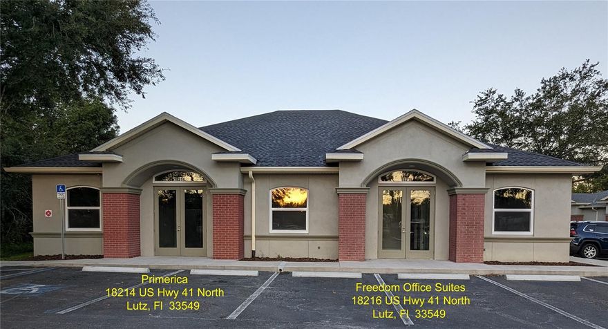 Premium Executive Suites available.  Starting at 600/mo North Tampa, Lutz. New Construction - Completed September 2023.  Superior US Hwy 41 frontage.  The space is configured into 6 executive suites with separate entrance, 2 kitchens and a conference room.  Separate meters and AC.  Reserved parking for 11.  Go to www.freedomofficesuites.com