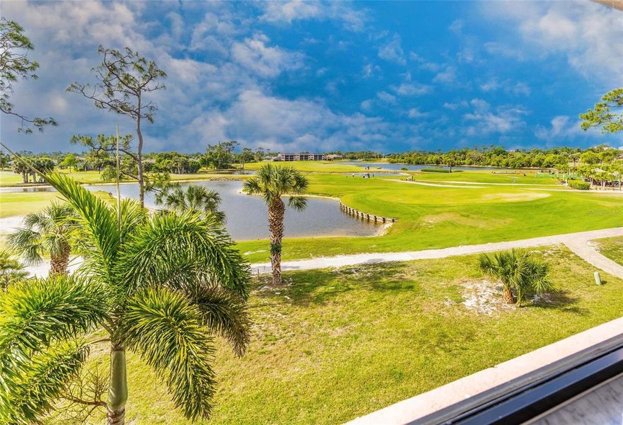 Spectacular panoramic golf and pond views provide the perfect backdrop from this freshly painted turnkey-furnished residence. This spacious two bedroom plus den residence has been lovingly maintained and is situated in a private gated enclave  in Burnt Store Marina & Country Club.  Perched on the third level that is serviced by an elevator and two screened in staircases. Step inside to find an inviting open layout that showcases breathtaking views of Burnt Store’s picturesque golf course. The main living area boasts a pleasing color palette, tile flooring, a spacious dining room, and a breakfast bar that seamlessly connects the sprawling kitchen to the main living space. The fabulous kitchen is equipped with abundant cabinetry and work surface that is sure to accommodate all of your kitchenware and serving pieces,  while the generously sized pantry allows you to store lots of groceries and goodies! The family chef will be delighted by the brand new stainless steel appliances plus a reverse osmosis system under the sink. A cheerful breakfast nook offers direct access to the lanai and enjoys views of the golfers and wildlife below through the large window. Outdoor living is at its best with a large screened and tiled south facing lanai, which enjoys Florida sunshine all day. A great place to lounge with a good book or enjoy your favorite meal al fresco with friends and family. Unwind in the expansive primary suite which also has direct access to the lanai and dual walk-in closets. The ensuite bath offers dual sinks, tiled walk-in shower, and relaxing garden tub. A spacious den with double doorway is currently being used as a TV room, but can be used as an office or overflow bedroom by adding a set of French doors. The private guest wing provides a welcoming bedroom and bath, ensuring comfort and privacy for visitors. Additional highlights include a dedicated laundry room, impact glass windows, under-building parking with a private OVERSIZED 24X22 TWO-CAR GARAGE —plus an optional 8X10 GOLF CART GARAGE available for purchase separately. This privately gated condominium community offers direct access to the golf course and community via golf cart path, its own heated pool and spa, and was freshly painted with new roofs installed in 2023. Enjoy the vibrant lifestyle offered here - with Burnt Store Marina Country Club just steps away. Residents also enjoy access to two on-site restaurants, a fitness center with tennis and pickleball, 27 hole golf course, and the largest deepwater marina in SWFL.