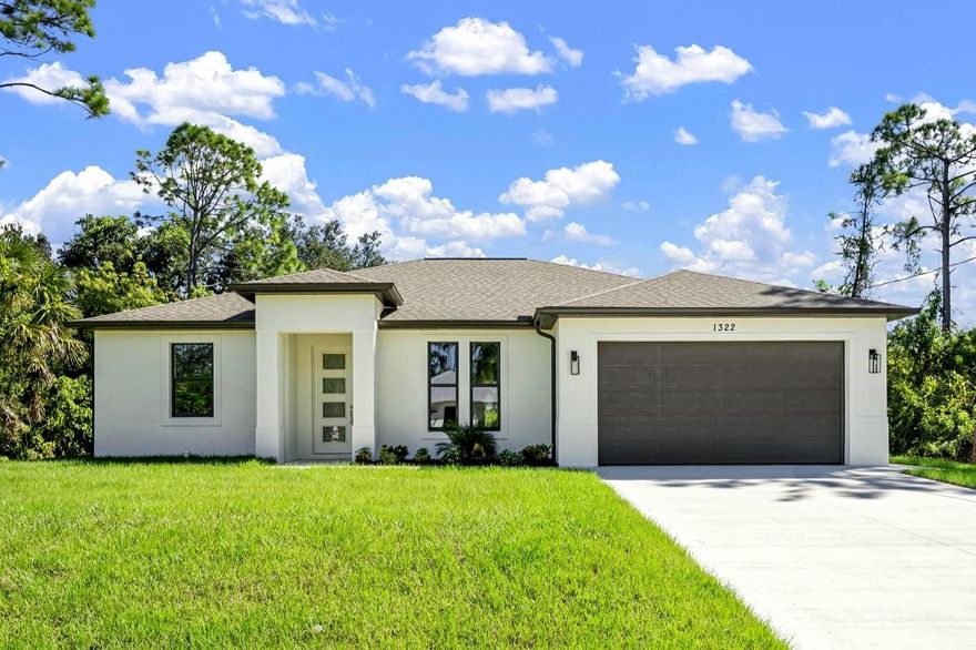 NEW CONSTRUCTION MASTERPIECE ready for you to move in today!  Call home to this luxuriously designed and exceptionally well-built all block piece of art that shows off the latest trendy designs, huge open floor plan with tray ceilings and split bedroom floor plan. This exceptionally light & bright 3 bed, 2 full bath & 2 car garage new home is located about 5 miles to 75 and close to schools.  Enjoy living in this custom-built home with impressive features including: Top selling Calacatta quartz counters on all kitchen and bathroom countertops * Large kitchen island impressively completed with designer lighting above * Premium White Shaker wood cabinets with slam free drawers that have matte black handles in the kitchen and bathrooms * The kitchen is complimented with a designer faucet, stylish tile back splash and led can lights in the ceiling * Stainless Steel quality Samsung appliances that includes a French door refrigerator * Huge great room (19ft x 19ft) with tray ceiling * Solid Impact windows * Premium interior & exterior paint * Luxury vinyl plank flooring throughout the home * 5 inch modern base boards * Large 7 blade living room fan that does an excellent job circulating the air * Large master bedroom (17ft x 13ft) which views out to the back yard and has a walk-in closet * Master bath has 2 undermount sinks with designer faucets, walk-in premium tile shower with built-in shower shelf and opulent ceramic tile floors * The 2 spare bedrooms are very well-sized and have full access closet doors * Spare bathroom has a tub with designer tiled walls, impressive tile flooring and is nicely finished with a stylish mirror & lighting * spacious laundry room with sink, large cabinets and decorative tile floors * Front entry door has a premium door handle and 4 windows allowing extra light to pass through * Popular architectural single roof and dark brown painted facia and soffit to finish off an attractive contrasting
 look.  Enjoy all these amazing features before heading out to enjoy your backyard for a completely relaxing setting.  You will truly enjoy living in such a distinguished well-built home that emphasizes such tranquil surroundings and is
 only a short drive to I-75, Golf Courses, Local schools, Warm Mineral Springs, North Port Performing Arts Centers,
 Atwater Community Park & Splash pad, restaurants & shopping. Don't miss out, get the keys to unlock your happy
 home and start enjoying a Florida lifestyle today.
