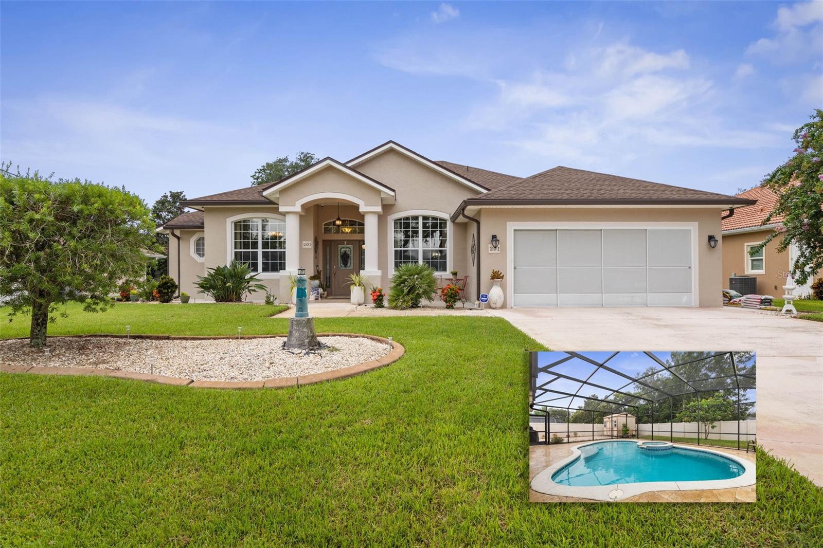 Beautifully upgraded custom home in the heart of Palm Coast’s sought-after F Section!
Step inside to a thoughtfully designed layout featuring three spacious bedrooms, two beautifully updated bathrooms, and a dedicated office/den perfect for working from home or creating your own private retreat. The expansive living room impresses with volume tray ceilings and a triple slider that opens seamlessly to the stunning pool area.
The kitchen was fully upgraded in 2022 and showcases rich wood cabinetry, granite countertops, tile backsplash, and a cozy breakfast nook. Main living areas are adorned with arched doorways, decorative accents, and tile flooring throughout.
The expansive primary suite offers a double-door entry, walk-in closet, and a luxurious bath with a jetted garden tub, separate shower, and private water closet.
Enjoy Florida living at its finest in the tropical backyard oasis with mature landscaping and multiple fruit trees. The oversized paver pool deck surrounds a sparkling saltwater pool and electric-heated spa, complete with LED lighting around the pool and fencing—perfect for relaxing or entertaining. A cement walkway wraps around the home for added convenience and functionality.
Additional highlights include bathrooms upgraded in 2024, exterior paint only 3 years old, a screened garage door, large utility shed on a paver pad, a security system, a sprinkler system with well, and extra sinks located in the garage, laundry room, and exterior. New roof 2023.
Located just minutes from Palm Harbor Golf Club, shopping, dining, and the beach—this home offers the ideal Florida lifestyle!
Dont let this one slip away!! Schedule your personal tour today!