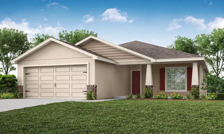 Under Construction. New construction home with 1,545 square feet on one-story including 3 bedrooms, 2 baths, and an open living area. Enjoy an open kitchen with granite countertops, Samsung stainless steel appliances, a walk-in pantry, and a spacious island, fully open to the dining café and gathering room. The living area, laundry room, and baths include luxury wood vinyl plank flooring, with stain-resistant carpet in the bedrooms. Your owner's suite is complete with a walk-in wardrobe and a private en-suite bath with dual vanities, a tiled shower, and a closeted toilet. Plus, enjoy a covered lanai, 2-car garage, custom-fit window blinds, architectural shingles, energy-efficient insulation and windows, and a full builder warranty. "Please note, virtual tour/photos showcases the home layout; colors and design options in actual home for sale may differ. Furnishings and décor do not convey.”