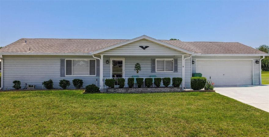 This beautifully maintained 2BR/2BA home in the sought after Spruce Creek South 55+ gated golf course community offers exceptional blend of comfort, updates, and location, featuring an extended 2 car garage plus a golf cart garage/storage shed giving you the space and flexibility rarely found at this price point. Being offered mostly furnished (ask your Realtor for the included list). Perfectly positioned at the end of a quiet cul de sac with a tranquil retention pond view, this home showcases a desirable split bedroom plan, LVP flooring throughout the main living areas and bedrooms, tile in the kitchen and baths, and a spacious 23' x 9' enclosed lanai with acrylic windows. An additional 18' x 6' covered patio is ideal for grilling or relaxing. The updated kitchen features newer cabinets, countertops, a stainless double sink with goose neck faucet, and an eat in area with breakfast bar. Both bathrooms have updated sinks, faucets, mirrors, lighting, comfort height toilets, and tile flooring. Additional highlights include a painted driveway and garage floor, 2017 A/C, and a new roof to be installed by the seller prior to closing. Residents enjoy outstanding amenities including a junior Olympic–size heated pool, tennis, pickleball, horseshoes, softball, volleyball, an onsite restaurant, clubhouse with events and activities, fitness center, saunas, numerous clubs, and more. Spruce Creek South is located just minutes from shopping, dining, and free nightly entertainment in The Villages town square. This immaculate home is truly move in ready and perfectly positioned for active Florida living.