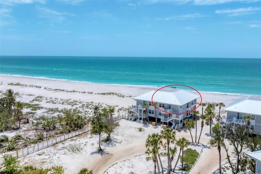 Live the ISLAND LIFE and enjoy UNOBSTRUCTED, PANORAMIC VIEWS of the glistening BLUE WATER of the GULF from YOUR HOME.  Situated on the barrier island of Palm / Knight Island, at the southernmost end of the Palm Island Resort community, the location of this 2-level, 3 bedroom / 3 full bathroom over 2100 sf (under AC) condominium truly cannot be beat. This island home offers amazing space and comfort for you and the entire family with space to roam both on the main and second level.  Enjoy the mesmerizing view and sound of the surf from either of the TWO waterfront PATIOS.  The main level of this home features the kitchen, dining, main living, primary suite, second bedroom, second bath and laundry room.  The second level hosts the family room, office/bonus room, bedroom (that fits two double beds!) and yet another full bathroom!  The open-air patio on the second floor offers the ultimate in salt life serenity.  Relax while you are protected by impact-resistant windows & doors and a metal roof.  This amazing home is truly unique, in a truly unique location.  The island is accessible only by car ferry, personal boat or water taxi, assuring you will always have a seat on the beach.  In fact, the Resort provides the chaise lounge!  Meander the miles of white sandy beach, toss a line in for tarpon or snook, or enjoy floating the waves.  Order dinner to go from Rum Bay Restaurant and watch the sunset across the water.  You might even catch a loggerhead turtle lay her eggs or watch the babies emerge into the world.  Truly breathtaking.  Palm Island Resort offers its residents the finest amenities, including 24-hour security and gate guards, private beach access with chaise lounge chairs, heated pool/spas, tennis courts, boat docks, fitness center, rentals (golf carts, bikes, kayaks, paddle boards, etc.), clubhouse, playground, and the only restaurant on the island. This is a golf cart community, so leave your vehicle and worries in the private parking lot and take your golf cart, or let the bellman escort you, to your private piece of paradise. Come, treat yourself to ISLAND LIFE.