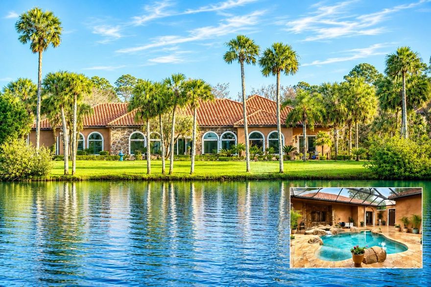 One or more photo(s) has been virtually staged. Along the serene waters of the Tomoka Preserve, stands a Mediterranean palazzo of rare distinction, created to be a piece of art in its own right. A scenic drive through the preserve, lined with majestic palms draped in Spanish moss, leads to this private waterfront estate offering a perfect balance of elegance and tranquility. Resting on 1.24acres of private lagoon front, this award-winning custom estate offers both prestige and seclusion. Blending elegance with nature, occasional deer may pause to watch you fish or canoe from the backyard. At the end of a quiet cul-de-sac, the home greets visitors with a regal canopy entrance, a sweeping-wide circular driveway, Venetian columns, Italian curved terracotta roof, paver-lined paths and tropical landscaping. A life-size “Signora dell’Acqua” fountain (lady of the water) and river rock gardens complete the essence of a Mediterranean retreat. Past the main gate, one will find a 2,294-sq.ft screened courtyard, complete w/ Venetian-style stone bridge across the travertine pool complex, featuring a waterfall, dipping pool, heated hot tub and a main saltwater heated pool with a swim-up bar, water curtain and controllable LED lighting. Outdoor dining is enhanced with hand-painted frescoed walls, a roofed kitchen & grill, an oversized fireplace anchors the lanai. Multiple covered seating areas, from coffee retreat by the spa to a central dining pavilion. Inside, soaring ceilings, some rising up to 16ft, hand-plastered walls, Italian-style frescos, and grand crystal chandeliers set the tone. The Grand Room offers panoramic views of the river and courtyard; The chamber of custom display cabinetry is complemented by wine and coffee bar, complete with cast-iron French doors and frescos of the Italian countryside. Pocketing glass doors dissolve boundaries between indoors & out, inviting breezes from the lagoon. The kitchen combines elegance with function: Monogram appliances, a 6-burner stove w/ griddle, double ovens, dual Fisher & Paykel dishwashers, floor-to-ceiling custom cabinetry, a granite island, a spacious walk-in pantry, serving stations, and abundant storage. The master suite is a private sanctuary with oversized windows and direct access to the outdoor spa. Hand-painted frescoed hallway leads to dual vanities & expansive stone double shower. Two oversized walk-in closets offer crystal chandeliers and solid wood shelving. Additional bedrooms include a in-law suite w/ a private courtyard entry, a junior suite with French doors and a flexible media lounge/ bedroom w/ veranda access. Beyond the bedrooms, the estate surprises at every turn. A walnut-clad office conceals a secret “Hide-Away Room,” while the Relaxation Room features a fireplace & river views. Card Room opens to the dining space. Even the foyer impresses with a cast-iron French glass door and chandelier. While steeped in romance, the home is built for peace of mind. Some of the recent updates include a 6-zone irrigation system with new well, pump, Wi-Fi controls, termite protection, upgraded pool/ spa mechanics & heaters. The new water filtration system provides exceptional water quality. This estate also offers a whole-house vacuum system, 32-camera monitoring, invisible dog fence, hurricane shutters, a hidden safety room, a climate-controlled garage & a whole-house generator. Truly a rare offering: being one of two estates with direct lagoon access to the Halifax River. This Venetian Palazzo is more than a home- it’s a statement.