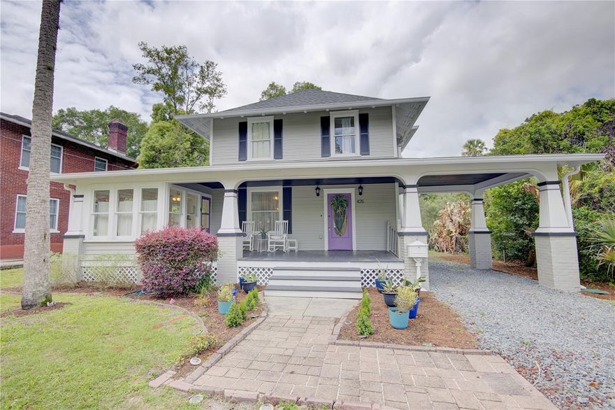 Step into a piece of DeLand history—where timeless charm meets modern comfort—at this beautifully preserved 1914 home nestled in the heart of the historic district.

From the moment you arrive at 426 N Clara Ave, you can almost feel the stories this home holds. Picture mornings on the porch with a cup of coffee, shaded by mature trees, and evenings spent strolling just blocks away to the vibrant shops, restaurants, and events of Downtown DeLand—or a quick walk to Stetson University’s picturesque campus.

Inside, the home welcomes you with original hardwood floors and stunning built-ins, rich with character you simply can’t recreate. Natural light pours through the windows, highlighting the perfect blend of historic craftsmanship and thoughtful modern updates.

The updated kitchen is both warm and functional, featuring butcher block countertops, stainless steel appliances, and new wood flooring, creating a space that’s equally suited for quiet mornings or hosting friends and family.

Upstairs, the bedrooms provide a cozy retreat, complete with the convenience of second-floor laundry. The remodeled bathrooms bring a touch of luxury to everyday living—especially the upstairs bath with its classic clawfoot tub, perfect for unwinding at the end of the day.

And just when you think you’ve seen it all, the finished third-floor attic awaits—equipped with its own mini-split system. Whether you envision a private guest suite, creative studio, or inspiring home office, this versatile space adapts to your lifestyle.

Sitting on a rare double lot, this property offers incredible future potential. With room to add an ADU (Accessory Dwelling Unit), you have the possible opportunity to create additional income, a guest house, or multi-generational living—something increasingly hard to find in this sought-after location. (City approval required)

This is more than just a home—it’s a lifestyle. A place where history, walkability, and opportunity come together in one truly special property.

Don’t miss your chance to own a piece of DeLand’s past—while building your future.
Roof and new gutters (2024), Exterior Paint (2025), Master Bath remodel (2025), Mini split added to attic (2025), 2 AC Units (2023), Floors refinished (2023), Crawlspace enclosed (2018) Electric Vehicle Outdoor Outlet (2025)