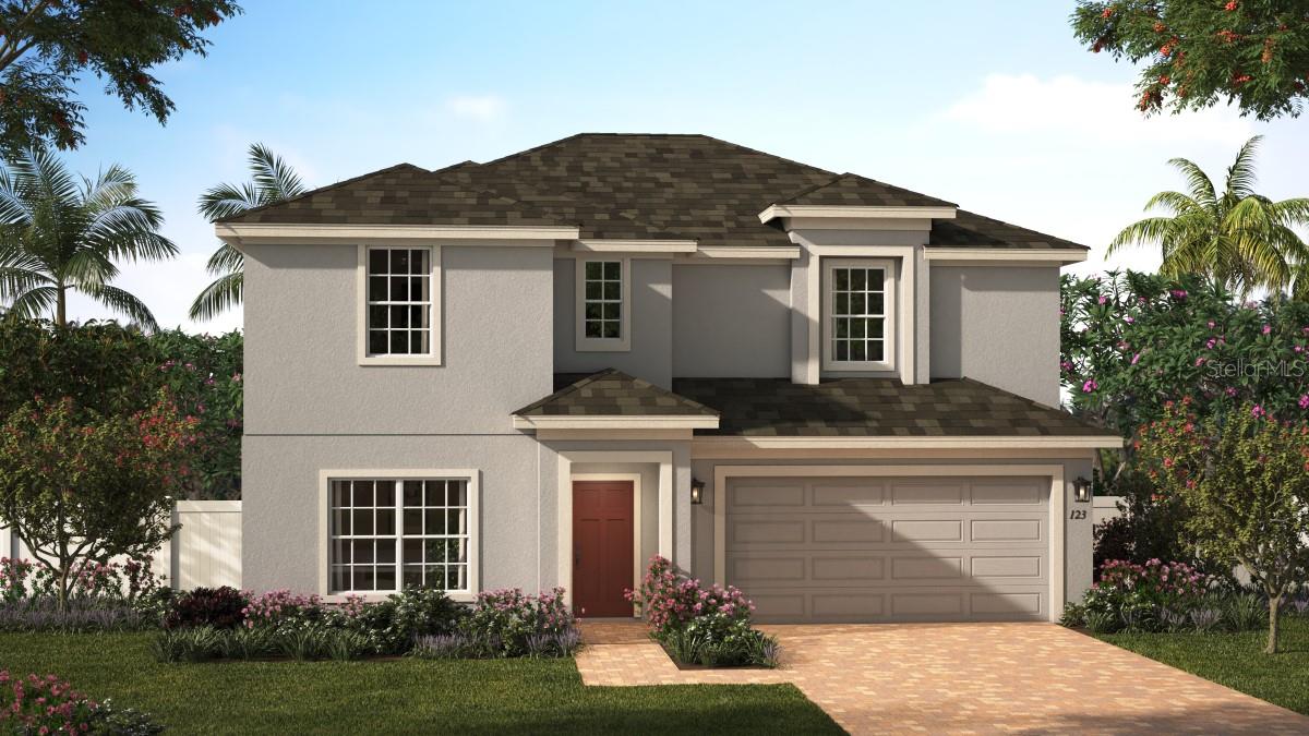 Under Construction. Welcome to our exceptional Newcastle plan – a spacious and thoughtfully designed 5-bedroom, 3.5-bath home perfect for modern living. With soaring 9'4" ceilings on the first floor, this home features a private Guest Suite with full bath and walk-in closet, an open-concept layout ideal for entertaining, and a Dining area that flows seamlessly to the rear covered Lanai – perfect for enjoying Florida’s outdoor lifestyle. The well-appointed Kitchen impresses with 42" cabinets with crown molding, quartz countertops, tile backsplash, a large walk-in pantry, center island, and stainless steel appliances. Elegant tile flooring runs through the 1st floor main living areas, and window blinds are included throughout the home. The luxurious Primary Suite offers an en-suite bath with dual sinks, quartz countertops, walk-in shower with wall tile surround, and a spacious walk-in closet. Completing the exterior are brick paver driveway and lead walk, along with attractive landscaping for great curb appeal. Trinity Place amenities include resort-style pool and cabana, a shaded tot lot for the little ones, and a dog park. Community is conveniently located near Shopping and Dining, with easy access to major thoroughfares and just a short drive to Disney.