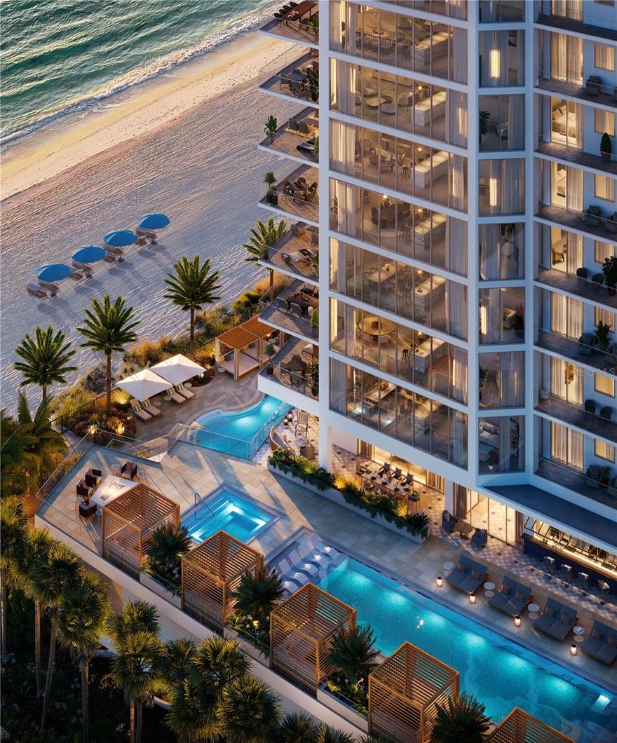 One or more photo(s) has been virtually staged. Under Construction. The Rosewood Residences, Lido Key is the first collaboration between Rosewood and a developer for a stand-alone residential condominium bearing the prestigious Rosewood name. Offering a limited collection of 65 stunning private residences located on 3.5 acres of one of the most treasured beaches on the West coast of Florida with 235 feet of beach frontage. The 11-story design by Miami based Swedroe Architecture with interiors spaces thoughtfully designed by Lillian Wu Studios of NYC. Offering 24-hour concierge, valet parking and bespoke owner services by Rosewood Resorts. Residence #907 features 11’ ceilings, 4 bedrooms, 4.5 baths plus den with 4,482 square feet perfect for entertaining. Dramatically organized around an expansive island and an inviting full wet bar along with views of the sunsets. As the private elevator doors open to the grand salon, the floor to ceiling windows provide a spectacular view of the Gulf of Mexico. Three guest ensuite bedrooms plus a spacious den ensuring owners and guests privacy. The Owner’s suite continues the views even further, with a full wall of floor to ceiling windows and glass door leading out to your expansive terrace. Imagine waking up to this view and enjoying a cup of coffee from the morning bar without having to leave your owner’s suite. No detail overlooked in the expansive kitchen with Wolf, Sub-Zero, Waterworks plumbing fixtures, Rocky Mountain hardware and Irpinia cabinets with a multitude of finish choices. Grab your favorite vintage from your Sub-Zero wine refrigerator as the chef in your life creates their masterpiece on the outdoor summer kitchen with built in gas grill. The residence is a perfect location for entertaining and offers a separate service galley with a second refrigerator, oven, and dishwasher, a perfect space for catering or a dinner prepared by your onsite chef and delivered by the in-residence dining team. The 46,900 square foot amenity level offers an intimate, private club atmosphere surrounded only by family and friends. The spaces are perfect for gathering or quiet escape. Only 65 owners, your experience will be as private as it will be luxurious. Lavish amenities include a private waterfront Bistro dining option, a world-class fitness center with options for private training and yoga, two outdoor pools, private cabanas, day beds, towels, food and beverage service. The wellness spa is a haven for relaxation with hot and cold plunge pools, sauna and steam rooms and private massage treatment rooms. The Club Lounge, serving morning coffee, is a wonderful place to start the day. The other amenities include an exciting game room with TVs, bar, billiards, jukebox and game tables, a nine-seat private theater and six generously sized guest suites allowing owners’ family and friends to enjoy the pleasures of this private resort. The 3rd level pool terrace offers a Zero-edge swimming lap pool & spa with sun shelf, day cabanas and social seating. Fire pit terraces, bocce lawn, Butterfly & chefs garden. The Beach club with a Zero-edge swimming pool with sun shelves and day cabanas, chairs, towel and umbrella service also includes an outdoor pursuits program including kayaking and standup paddle boards. Rosewood’s “Enriched Living” creating experiences that are authentic, original, and deeply personal by offering impeccable service and unparalleled attention to detail. Private enclosed garages included.