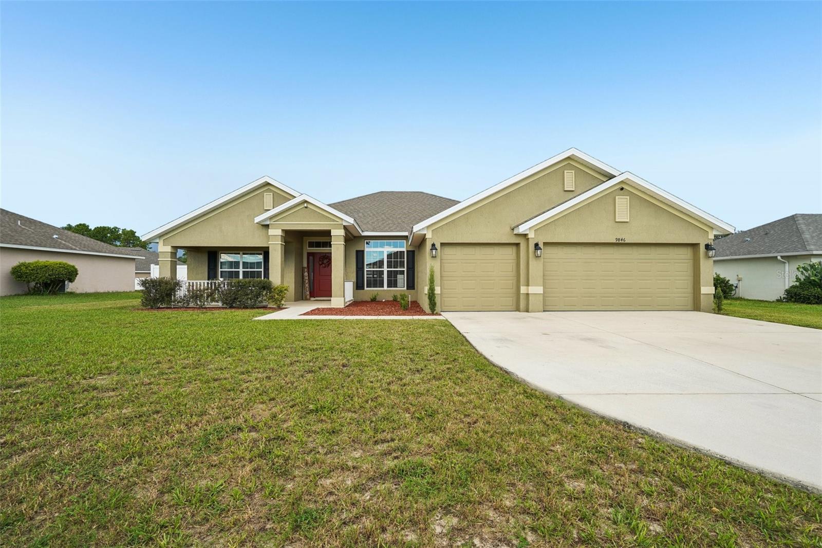 Welcome to this beautiful 4-bedroom, 3-bathroom home with a bonus office/den, offering 2,508 square feet of comfortable living space in the desirable gated community of Meadow Glenn in Ocala. Step inside to an open floor plan designed for both everyday living and entertaining. The kitchen is a standout, featuring stainless steel appliances, abundant cabinet storage, generous counter space, and a convenient dining nook. Flowing seamlessly from the kitchen, the spacious living room provides plenty of room to gather and unwind. The primary suite is a retreat of its own, complete with tray ceilings, crown molding, two walk-in closets, and an en suite bathroom. Here you’ll find dual vanities, a soaking tub, and a separate shower for added luxury. A split-bedroom layout ensures privacy, while the additional rooms and office/den offer flexibility to fit your lifestyle. This home is also equipped with a whole-house water filtration and softener system, as well as an A/C UV carbon whole-house air purifier, providing comfort and peace of mind year-round. Outside, the property sits on a quarter-acre lot with a fenced backyard, perfect for enjoying the Florida weather. A 3-car garage provides ample storage and parking. Located near shopping, dining, and the renowned World Equestrian Center, this home combines convenience with comfort in one of Ocala’s sought-after communities. Mortgage savings may be available for buyers of this listing.