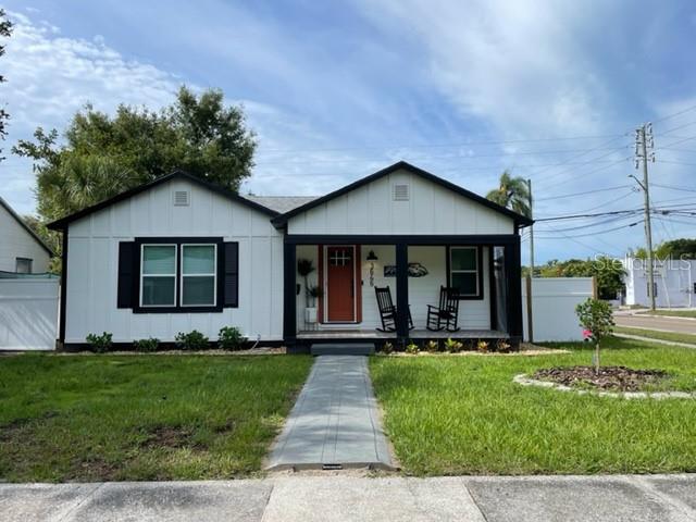 ***Furnished*** Beautifully renovated and furnished home in North St Pete. Just bring your clothes and move right in, there is a large living room, eat-in kitchen and an open front porch with rocking chairs for relaxing. The home has 2 good sized bedrooms, renovated bath and a bonus room that is set up for a home office, but has a hide a bed great for guests. The property has a large fenced yard and is located in close proximity to Gulf beaches, downtown St Pete, I-275 and Tropicana Field. This is a must see.