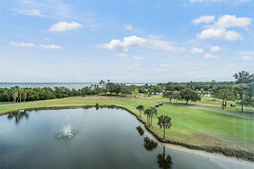 Wake up every day to a wraparound picture-postcard view. This highly desired 2 bedroom, 2 bath corner condo in beautiful Cove Cay offers water, golf course, and lush green scenery from just every window and even as you walk up to your front door – plus a front-row seat to the pond, fairways, bridge, Tampa Bay and even the Tampa skyline from your raised living room sitting area. Inside, you’ll love the light, airy feel. PGT impact windows (including larger kitchen and guest bedroom windows than the interior units) bring in extra natural light and frame the views. Neutral tile runs throughout the condo for a clean, cohesive look, while fresh paint in soft neutrals and pastels adds a serene, coastal vibe. Both bathrooms are completely updated – the hall bath with a newer vanity, decorator mirror, and stylish tile around the tub, and the primary suite bath with a beautiful shower and a vanity offering plenty of storage. The spacious primary bedroom easily accommodates larger furniture and features a generous walk-in closet.  The kitchen is a delight to cook and dine in, with warm wood KraftMaid cabinets, a handy pantry, an eating space with a view, and a raised ceiling trimmed with crown moulding for an extra touch of elegance. Storage is no problem here – the rooms are comfortably sized and closets are plentiful. Even better, the HVAC was replaced in 2024, so you can enjoy perfect temperatures year-round without the worry of a big-ticket replacement.  Convenience is also part of the package: your private laundry room is just across the hall from the front door and includes a laundry sink, stackable washer and dryer, and room for shelving or additional storage. A covered carport is included as well. With its corner location, upgraded finishes, abundant storage, and truly stunning views in every direction, this Cove Cay condo offers the Florida lifestyle you’ve been hoping to find.  And as for the community of Cove Cay… there is  no equal. This gated, 24-hour secured waterfront community feels like a private resort tucked along Tampa Bay. The 18-hole Championship golf course winds gracefully through the grounds and along the bay itself, offering sweeping water views and a setting that’s as relaxing as it is scenic. Whether you’re an avid golfer or simply love the view, the course is available by membership or on a flexible pay-as-you-go basis.  The on-site bar and grille is open seven days a week and serves up full menus, cold drinks, and an easy social atmosphere—perfect for casual lunches, sunset dinners, or meeting neighbors who quickly become friends. Boating enthusiasts will appreciate the community marina right within the complex, offering docking and storage options, rentals, food and drink, and that unmistakable salty-breeze lifestyle (all available separately, so you can choose your level of fun).  Lush grounds, golf, dining and boating possibilities, a prime central location close to beaches, airports, dining and shopping, and the feeling that every day is a mini-vacation, make it easy to see why this is the paradise known as Cove Cay.