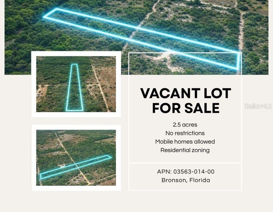 Build or Place your home on this 2.5-acre parcel located on NE 56th Street in Bronson, Levy County. Zoned A/RR (Agricultural Rural Residential), this property allows for mobile homes or site-built homes, offering options for a primary residence or investment opportunity. No HOA, No CDD, and located in a Non-flood zone, providing fewer restrictions and added value.

Setback requirements include approximately 50 feet at the front and rear, and 10 feet at the sides. The property features rural road access and is surrounded by natural Florida landscape, offering privacy and a quiet rural setting.

Conveniently located approximately 30–35 minutes to Gainesville and 35–40 minutes to Ocala, providing access to shopping, dining, hospitals, and major roadways while maintaining a rural environment.

This property may be eligible for USDA financing, which may allow qualified buyers to purchase with 0% down when combined with a new construction or new manufactured home, subject to lender approval and program guidelines. For land-only purchases, qualified buyers may explore financing options with approximately 20% down payment.