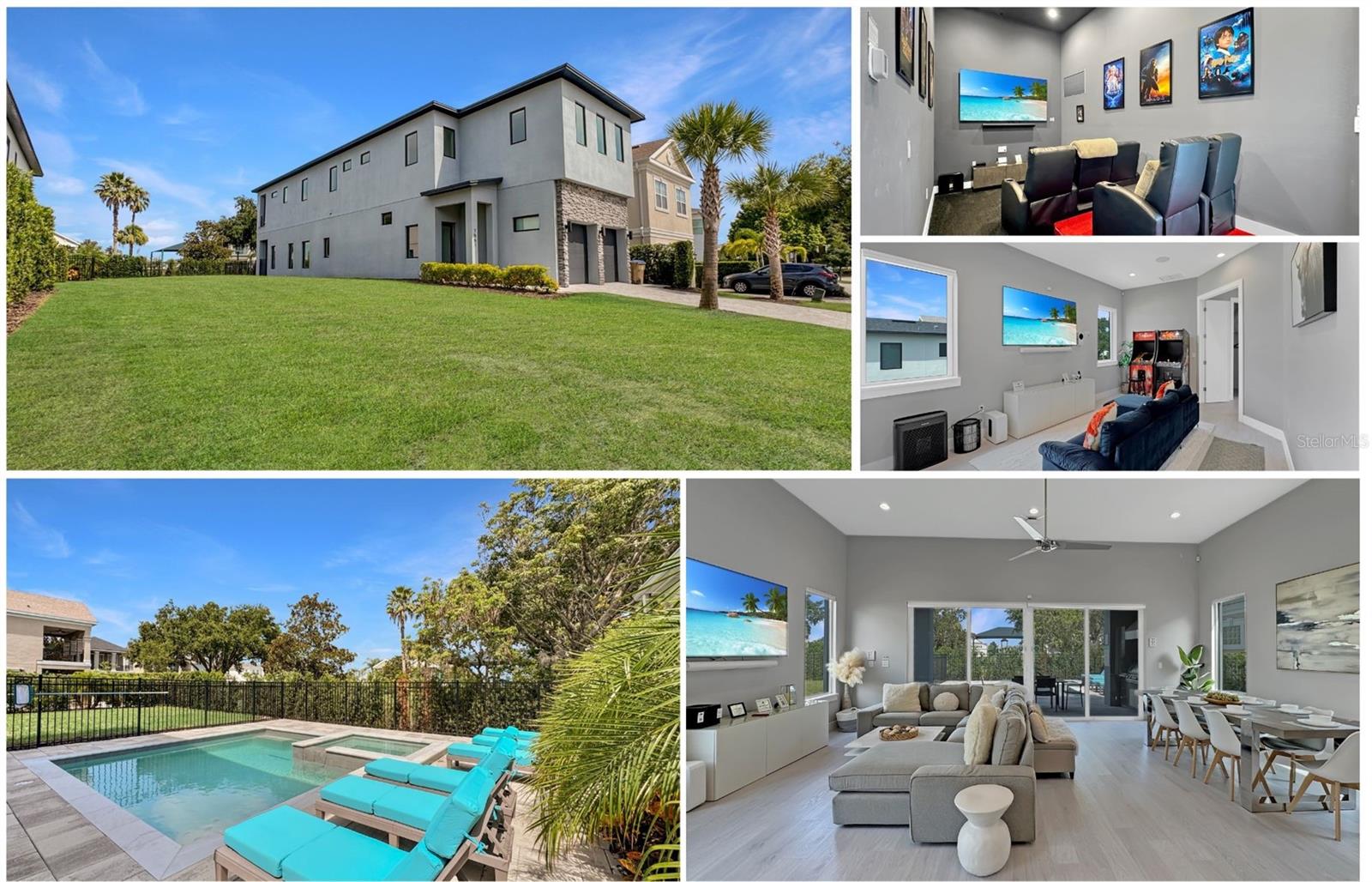 Welcome To This Ultra-Modern, Custom-Designed Two-Story Smart Home—Where Style, Comfort, And Technology Meet Starting With The High-End Sonos Sound System Throughout The Living Room, All Bedrooms, Theater Room And Upstairs Bonus Games Room. The Home Was Designed With Premium Quality Furniture And Appliance Package, Updated Lighting Fixtures And Smart Switches. The Home Has Luxurious White Oak Style Flooring Throughout And Provides An Open Floor Concept Great For Entertaining And Includes A Bright And Open Living Room Area, A Dining Area With Seating For 8 And Additional Seating At The Counter Bar.
The Home Sits On An Oversized Shape Lot With A Desirable West Facing View That Allows For More Of That Amazing Florida Sunshine, The Owner Also Has The Lot Next Door For Sale If You Want To Create The Ultimate Vacation Compound. Your Family Will Love Spending Time Relaxing In Your Outdoor Oasis Style Swimming Pool, Jacuzzi Spa, Plenty Of Sun Loungers, A Covered Grill Area With Outdoor Dining Area. The Home Overlooks The Only Tree Lined Park That Features A Covered Playground And Enclosed Doggy Park In The Entire Resort. Your Family And Guest Will Be Able To Enjoy The Peace And Quiet Without The Concern Of Flying Golf Balls Disturbing Your Serenity.
On The Main Level You Have The First Of 5 Master Bedrooms Located In The Home Each Their Own Ensuite. There Is Also Dedicated Theater Room That Includes Comfy Recliner Chairs And Bean Bag Seating To Enjoy Big Screen Entertainment. One You Venture Upstairs There Is A Large Bonus Area With A Theater Style HDTV, Video Gaming Console, And 2 Free Standing Arcade Games. The Beautiful Modern Contemporary Design Upstairs Allows You To Choose From 4 Master Bedrooms All With Their Own En-Suite Bathrooms. The Main Master Bedroom Has A Walk-Through Shower With A Beautiful Soaking Garden Tub, Your Own Private Balcony Where You Can Sit Out And Enjoy The Warm Florida Breezes And Postcard Perfect Sunsets.
Located In The Gated Reunion Resort Community, This Property Is Just Minutes From Walt Disney Parks, World-Class Beaches, And Orlando International Airport. The Resort Itself Offers An Impressive Array Of Amenities, Including 12 Community Pools, Three Signature Golf Courses (Palmer, Watson, And Nicklaus), A Multimillion-Dollar Water Park, Seven Onsite Restaurants, Two Golf Pro Shops, Six Hydro-Grid Clay Tennis Courts, And A Miniature Golf Course.