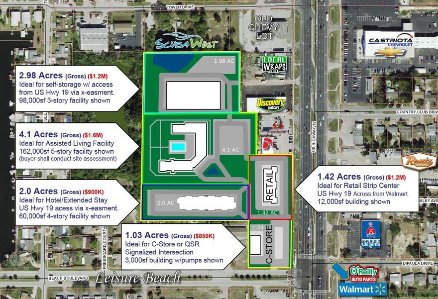 Discover the potential of an 11.53 acre canvas awaiting transformation in Hudson, Florida – a thriving area of Pasco County poised for unprecedented growth. This strategic mixed-use development opportunity, zoned C-2 with future use of retail/office/residential, spans a 3-parcel assemblage at a signalized intersection, making it an ideal investment for forward-thinking developers.

Situated at a pivotal point along US Hwy 19 and Beach Blvd., this property is surrounded by rapid revitalization and strategically positioned diagonally across from a Super Walmart. With retail re-development making its way north along US Hwy 19, the potential for this parcel is unprecedented.

Capture the attention of the 52,000 vehicles passing by daily with a retail strip center boasting approximately 12,000 square feet, strategically fronting the highway and a quick-serve retail or convenience store on the corner of US Hwy 19 and Beach Blvd. This prime location ensures maximum visibility and accessibility, making it a go-to destination for locals and visitors alike.