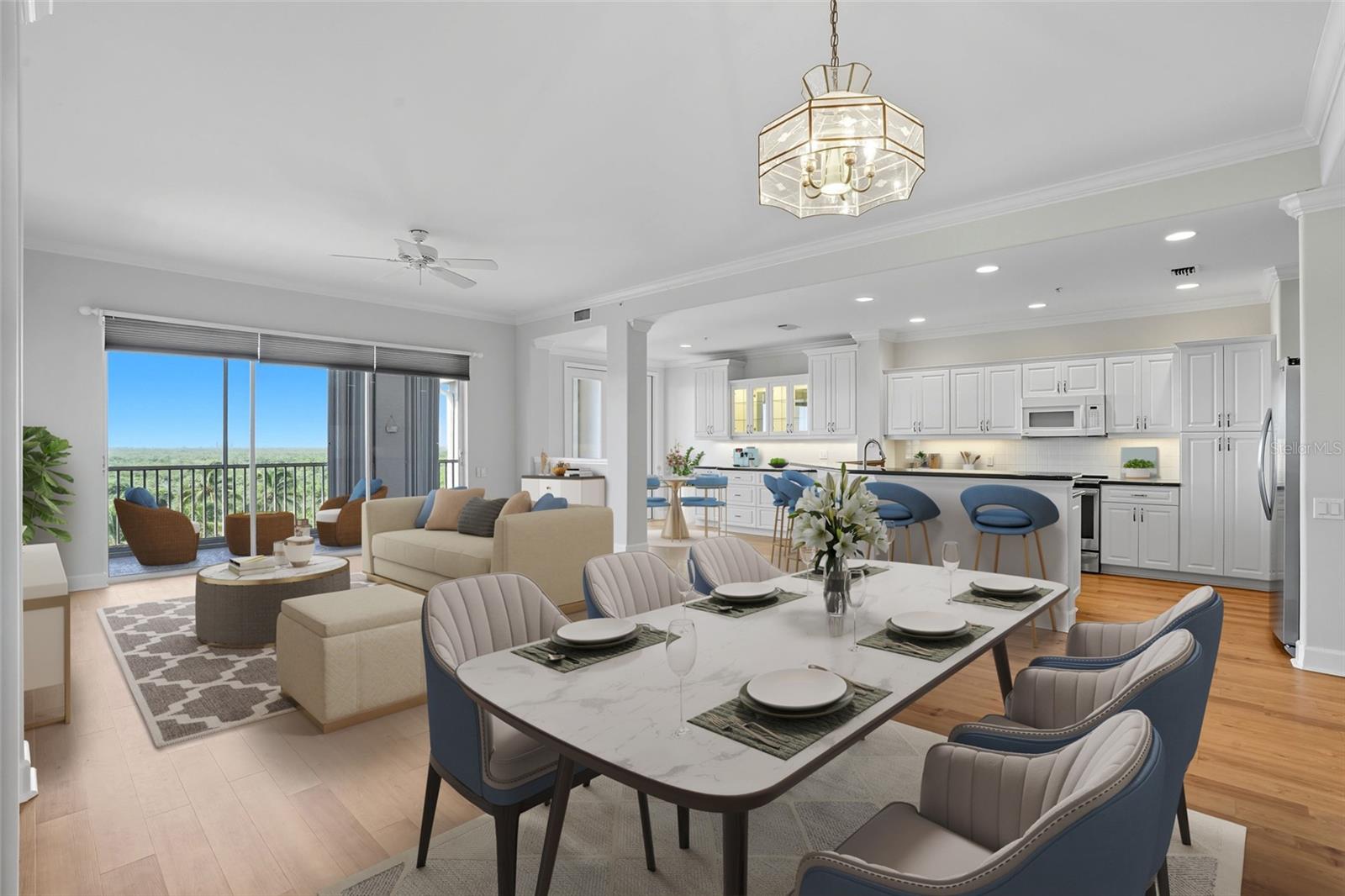 Nestled within the sought-after Lake Village of Lexington Country Club, this rarely available top-floor Sutton Walk residence combines breathtaking views with thoughtful upgrades, creating a truly move-in ready home. From the moment you step inside, you’re greeted by an open and inviting floor plan highlighted by crown molding, plantation shutters, and abundant natural light. The southern exposure fills the living areas with warmth while offering sweeping vistas of the sparkling lake, lush nature preserve, and even glimpses of the Fort Myers Beach skyline from the spacious screened lanai—an ideal spot for morning coffee or sunset gatherings. The kitchen is beautifully appointed with granite countertops, custom built-ins in the breakfast nook, and plenty of storage for both functionality and style. A versatile floor plan provides two bedrooms, including a primary suite with a large walk-in closet designed with California-style organization. The guest bedroom features a built-in Murphy bed, maximizing space and making it easy to host family or friends. Both bathrooms are finished with durable tile flooring, while luxury vinyl enhances the main living spaces for a modern, low-maintenance appeal. Additional highlights include a recently installed A/C (November 2023), ensuring year-round comfort, and practical storage solutions with your own one-car garage under the building, an assigned carport directly in front, and a private storage locker. Just steps away, residents can enjoy the Sutton Walk pool, Island Club, and Tiki Bar, with tennis courts conveniently located across the street. Perfectly situated in a vibrant, amenity-rich community with pay-as-you-play golf, this condo offers a balance of relaxation, recreation, and everyday convenience. Whether you’re looking for a seasonal retreat or a full-time home, this property presents a unique opportunity to embrace the coveted Southwest Florida lifestyle.