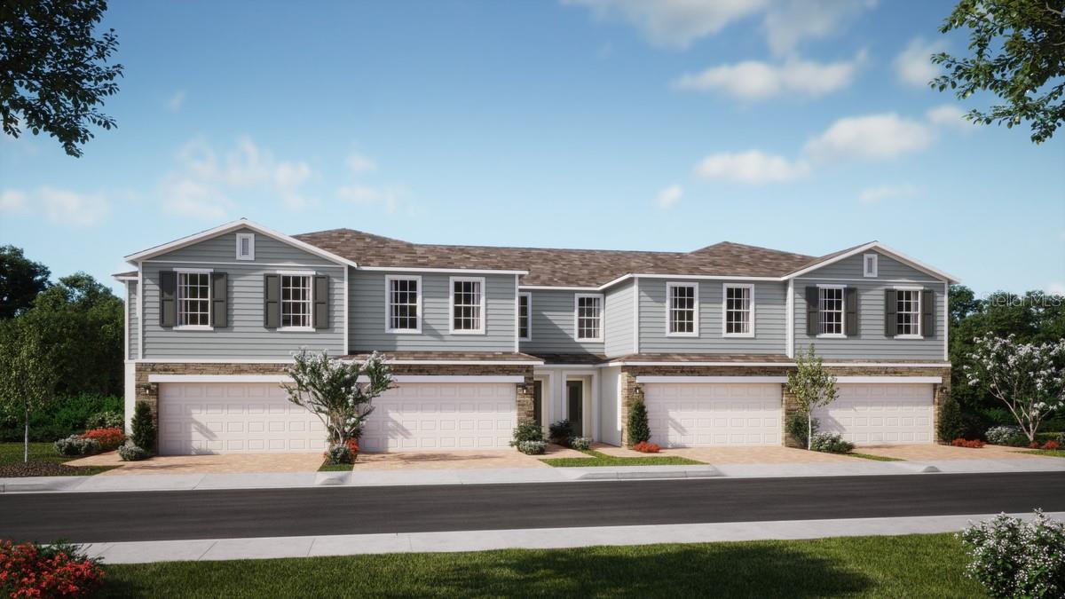 Under Construction. Discover the Powell floorplan in the exciting new Thompson Village Community—where modern design meets everyday comfort! This beautifully crafted 4-bedroom, 2.5-bath townhome features an open-concept layout with tile flooring in the 1st floor main living areas, and stylish window blinds included throughout. The spacious Great Room flows seamlessly to a rear covered lanai, perfect for entertaining or enjoying Florida’s outdoor lifestyle, with no rear neighbors. The well-appointed kitchen boasts quartz countertops, a sleek tile backsplash, stainless steel appliances, and elegant cabinetry with crown molding. Upstairs, the Primary Suite offers a luxurious en-suite bath with spacious walk-in closet, dual sinks in adult-height vanity, quartz counters, a walk-in shower with upgraded wall tile surround, and a linen closet. Complete with a 2-car garage, decorative stone accents on front exterior, and a charming brick paver driveway and lead walk—this home blends comfort, style, and functionality. The Community is centrally located with shopping and dining nearby, and features a playground, and guest parking areas.