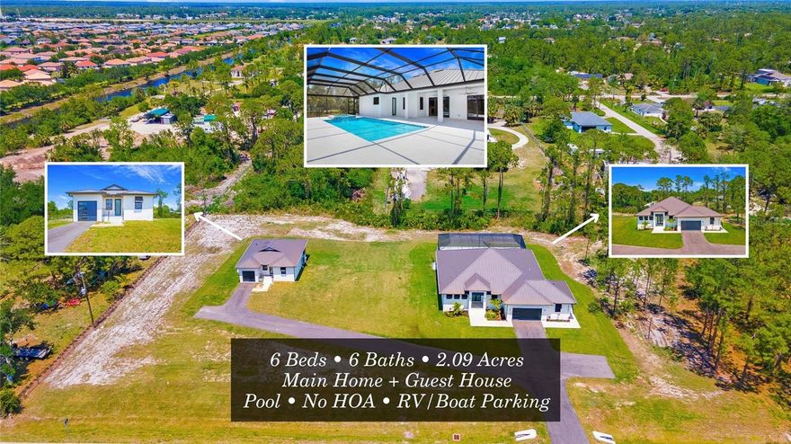 Newer construction estate home situated on a 2.09-acre lot in Golden Gate Estates with no HOA restrictions. This property offers a total of 6
bedrooms and 6 bathrooms, including a separate guest house, ideal for multigenerational living, extended guests, or private workspace. The
main residence features a split-bedroom floor plan with tile flooring throughout, impact-resistant windows and doors, and a metal roof. The
kitchen is equipped with modern appliances, ample storage, and opens to the main living areas for easy entertaining. The primary suite includes
a separate tub and shower. Outdoor living is highlighted by a heated concrete pool and spa, screened lanai, and expansive yard with room for
additional improvements. Additional features include RV/boat parking, extra building on site, automatic irrigation, and reverse osmosis water
system for the entire home. Horses permitted. Located in a non-gated area with privacy, space, and flexibility, yet within reach of Naples
conveniences. Seller financing or cash considered. Property is vacant and easy to show.