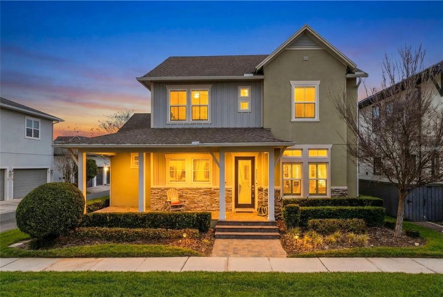 Set on a corner lot in the heart of Laureate Park, this David Weekley home offers 4 bedrooms, 3 full baths, 1 half bath, a dedicated office, a spacious loft, and an oversized rear entry 3 car garage across 3,270 square feet of thoughtfully designed living space. Built in 2015, the layout blends comfort, function, and timeless style with the primary suite on the first floor and generous gathering spaces throughout.

From the moment you arrive, the home makes a strong first impression with its welcoming covered front porch, attractive architectural details, and beautiful corner lot setting. Inside, rich wood flooring, crown molding, plantation shutters, and abundant natural light create a warm and polished feel. Just off the entry, the dedicated office offers a bright and refined space for working from home, reading, or quiet conversation, while the formal dining room provides an elegant setting for hosting holidays, dinner parties, and everyday gatherings.

At the center of the home, the open concept kitchen and living area feels especially impressive with soaring ceilings, tall windows, and seamless flow between each space. The kitchen is beautifully appointed with stone counters, a large island with bar seating, extensive cabinetry, built in oven and microwave, cooktop, designer vent hood, glass front display cabinets, and a walk in pantry. The adjacent dinette offers a casual everyday dining space, while the dramatic living room is filled with natural light and opens to the screened lanai for easy indoor outdoor living.

Privately tucked away on the first floor, the primary suite offers a spacious retreat with wood flooring, crown molding, and an easy connection to the covered outdoor area. The en suite bath features dual sinks, a soaking tub, a large walk in shower, and a generous walk in closet with exceptional storage.

Upstairs, the open to below design adds character and dimension, while the large loft creates the perfect second living area, media room, playroom, or flex space. A built in desk area adds even more versatility for homework, studying, or a secondary workspace. Three additional bedrooms and two full baths are thoughtfully positioned to give family and guests space and privacy. Practical features including a mud room, dedicated laundry room, extra storage, and an oversized garage add even more everyday convenience.

Outside, the screened lanai offers a comfortable place to relax or entertain with paver flooring and a private feel created by mature landscaping. The rear entry 3 car garage and corner lot placement add both curb appeal and functionality, making this home as practical as it is inviting.

Laureate Park isn’t just a neighborhood, it’s a vibrant lifestyle. Enjoy the Aquatic Center, resort style pools, LP Fit gym, and 44+ miles of trails. Located in prime Lake Nona, minutes from Medical City, the VA hospital, Nemours, dining, and shopping. Close to major highways, Orlando International Airport, and the USTA National Campus. Easy access to Orlando’s top theme parks and beautiful Florida beaches. This home blends space, style, and community in a sought after location. Experience elevated living, schedule your private tour today.