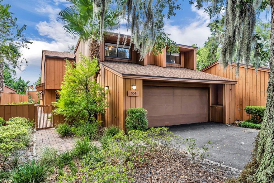 Mid-Century Modern Gem in The Oaks – A Must-See Home! Discover this immaculate 3-bedroom, 2.5-bath single-family home nestled in the beautifully maintained community of The Oaks. With only 21 homes spread across 7.5 acres of lush landscaping and majestic oak trees, this exclusive neighborhood offers privacy and charm. Step inside to find new 2025 LVP flooring throughout the entire home, vaulted ceilings, exposed wood beams, updated light fixtures, plantation shutters, and a stunning brick fireplace in the expansive Great Room—an ideal setting for cozy evenings or entertaining. The seamless flow into the flex space makes for the perfect Office, Den, or formal Dining Area, with sliding doors leading to a private Screened Porch. The spacious updated kitchen with stainless appliances and new hardware is designed for both function and style, featuring a breakfast bar, dinette area, ample pantry storage, and direct access to a secluded patio for outdoor enjoyment. Upstairs, the Primary Suite boasts a large walk-in closet and an updated Bathroom with granite countertops, dual sinks, and a modern shower. Two additional generous-sized Bedrooms (one has built-in cabinetry), a flexible alcove Office space, and even a laundry chute add convenience and charm. Outdoor living is elevated with a completely renovated screened porch (2023), a private fenced beautifully landscaped backyard, paver patio & paths. Notable upgrades include a new water heater (2022), upstairs AC (2022), newer roof (2020), fresh interior paint (2022 & 2025), vinyl plank flooring (2025), and mostly hardiboard exterior for durability. The Oaks HOA covers road maintenance, a sparkling community pool, tennis courts, and beautifully landscaped common areas & front yards of the homes—creating a true neighborhood retreat. No rentals allowed, ensuring a strong sense of community. This property is classified as a site condo; a single-family home with the convenience of HOA/Condo-maintenance (ask for additional details). Located minutes from Lake Mary and Sanford, enjoy easy access to top dining, shopping, and entertainment. With Sanford International Airport only 15 minutes away and Disney just 45 minutes, this home offers both convenience and tranquility. Come experience the Exceptional Lifestyle that this neighborhood provides—schedule your tour today!