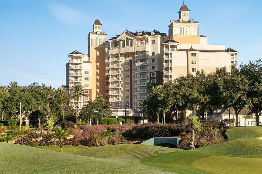 LOCATION LOCATION LOCATION. Active resort membership available. Own 1 out of a total of 6 one bedrooms in the entire building. This unique and adorable 1 bedroom condo is located in the Reunion Resort Grande Located next to the Clubhouse where the Watson and Palmer courses meet, enjoy 180 degree views from your corner balcony.  Every window offers a spectacular golf course view that always excites.  Take a complimentary shuttle to the third golf course, the Nicklaus, to enjoy dinner at Traditions.  Finish the evening back home at the Grande with desserts at the rooftop restaurant, Eleven, while you sit by the pool and enjoy the nightly Disney fireworks.  In the mood for sushi or fine dining?  The lobby bar,  sushi restaurant, and the Chophouse welcome you to some of the finest dining in Orlando.  In the morning, pop down to the lobby for a Cappuccino from Starbucks. True luxury living for a full time residence or part time enjoyment!  This suite is a sought-after rental in the Reunion rental program should you choose to make this a part time residence.  Just store your beach towels in the owner’s closet and lock and leave! This condo was freshly painted and professionally decorated. The Resort offers incredible amenities from 3 World Class Championship GOLF COURSES designed by Arnold Palmer, Tom Watson And Jack Nicklaus as well as 12 pools in community including MULTIMILLION DOLLAR WATER PARK with lazy river & water slide. **Property comes with an Active Reunion Resort Membership** Any property without a Resort membership may not be able to use any of the amenities.