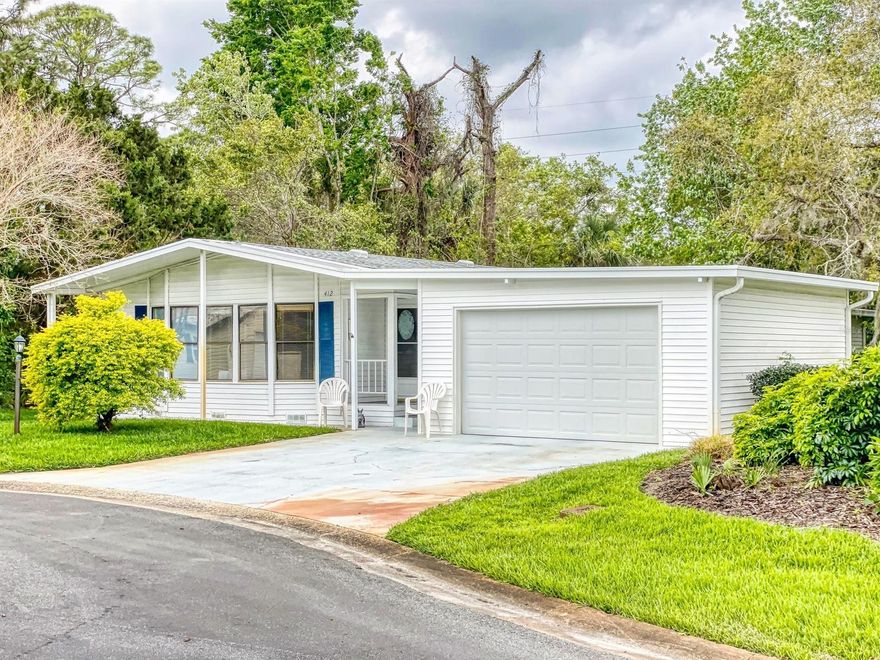 INVESTOR ALERT:  DRASTICALLY REDUCED due to an inspection report.  Price is firm "as is"  Call listing agent for more information - Helen Harvey 386-314-9522.  Lovely and bright  2 bedroom with garage added 2017 (large enough for your car and golf cart).  Enjoy your 17x13  family room with lots of windows - screen room converted to a  beautiful 20x10 glassed Florida room (2016).  Lovely kitchen has built-in counter range, new light fixtures, new dishwasher.  Wet bar for entertaining.  Water softener.  NEW ROOF 2/23, A/C 2015, new hot water heater 3/23, polyethene plumbing changed throughout 3/23.  Covered carport leading to the shed.   Located on a dead-end cul-de-sac street.  Streets are public streets.  Underground utilities.  Platinum cable and fast internet is included in the low HOA dues.  You own the land.  Community is located on the intracoastal with resident boat access.  Storage for one toy (boat or RV) is included with your HOA when available.  Otherwise on a waiting list.  A few of the MANY AMENITIES are: heated pool, screen hot tub,  tennis, pickleball, bocce, shuffleboard, ceramics, chorus, bingo, several different card games, line dancing lessons, fitness room, woodworking shop, Boat and Fish Club, Women's Club and Entertainment committee. ;Water: City