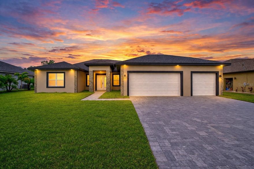 Experience luxury living in this brand-new 4 bedroom, 4 bathroom home, perfectly situated in the beautiful Sun N Lake of Sebring golf course community. This move-in-ready residence offers quality construction, modern upgrades, and an open floor plan enhanced by soaring 11-foot cathedral ceilings and luxury vinyl flooring throughout. The gourmet kitchen is a true showpiece featuring sleek cabinetry, beautiful countertops, a designer tile backsplash, a waterfall island with bar seating, a farmhouse sink, stainless steel appliances. Retreat to the elegant primary suite complete with his-and-hers closets, dual quartz vanities, upgraded lighting and fixtures, a spacious walk-in shower, and a spa-like freestanding soaking tub. Additional highlights include an indoor laundry room with a large linen closet, a covered back patio, full irrigation, a spacious 3-car garage, and a large backyard ideal for gatherings, outdoor living, or future pool plans. All of this comes surrounded by peaceful scenery, golf course views, and convenient access to shopping, dining, and recreation.