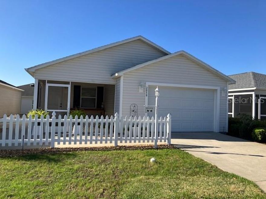 BOND PAID...Ready for your piece of paradise! Come see this Two bedroom two bath patio villa in a great location in St James, in between Lake Sumter Landing and Brownwood Paddock Square. Cabot Cove floor plan.  Spacious living and dining combination. Kitchen has plenty of cabinet space, laundry room off the side of the kitchen with built in closet pantry.  Primary bedroom has large walk-in closet, glass enclosed walk in shower. Guest bedroom is adjacent to the primary bedroom, guest bath has shower tub combination. Linen closet in the hallway.  Screened in lanai on the front of the home along with large patio on the side. Plenty of room to entertain and just enjoy life. This villa is close to shopping, dining, banking and much more. Golf courses are nearby along with adult and family pools as well as a recreation center where there are always plenty of activities scheduled.  One car garage with plenty of room for your golf cart.  Amenity fee is $199 a month.