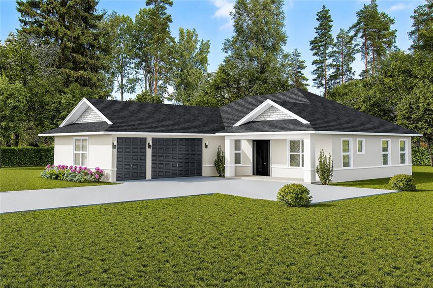 Pre-Construction. To be built. Discover The Tranquility—a beautifully designed PRE-CONSTRUCTION 3-bedroom, 2.5-bath 3-CAR GARAGE home + office with over 2,300 sq. ft. of living space. Thoughtfully crafted with quality finishes and modern comforts, this home offers both style and functionality. The open concept living and dining area features vaulted ceilings and expansive views of the covered OVERSIZED LANAI, creating an inviting space to relax or entertain. The chef’s kitchen includes granite countertops, stainless steel appliances, 42” soft-close cabinetry, a center island, pot filler, range hood and tiled backsplash. The primary suite is a private retreat with tray ceilings, dual closets, and a spa-inspired bathroom featuring dual granite vanities, a SOAKING TUB and a walk-in tiled shower. A barn door separates the second and third bedrooms with a shared full bath for added privacy. Additional highlights include a MUDROOM with coffee/wine bar, walk-in pantry, and HALF BATH, a laundry room with folding station, and an OFFICE with French doors—perfect for a study, den, or craft space. Enjoy peaceful evenings on your FRONT PORCH overlooking your front yard. Other features: well water with filtration system and a partially glass front door for added curb appeal.  This home is available for pre-construction, giving you the opportunity to choose your preferred finishes and details from the builder's selections. The builder works with cash held in escrow (paid in construction stages) or construction-to-perm loan (VA or Conventional) financing with incentives through the builders preferred lender. Photos show a previous sold home and reflect the following buyer paid upgrades -stone veneer accents at the front elevation and luxury vinyl plank flooring in the bedrooms.