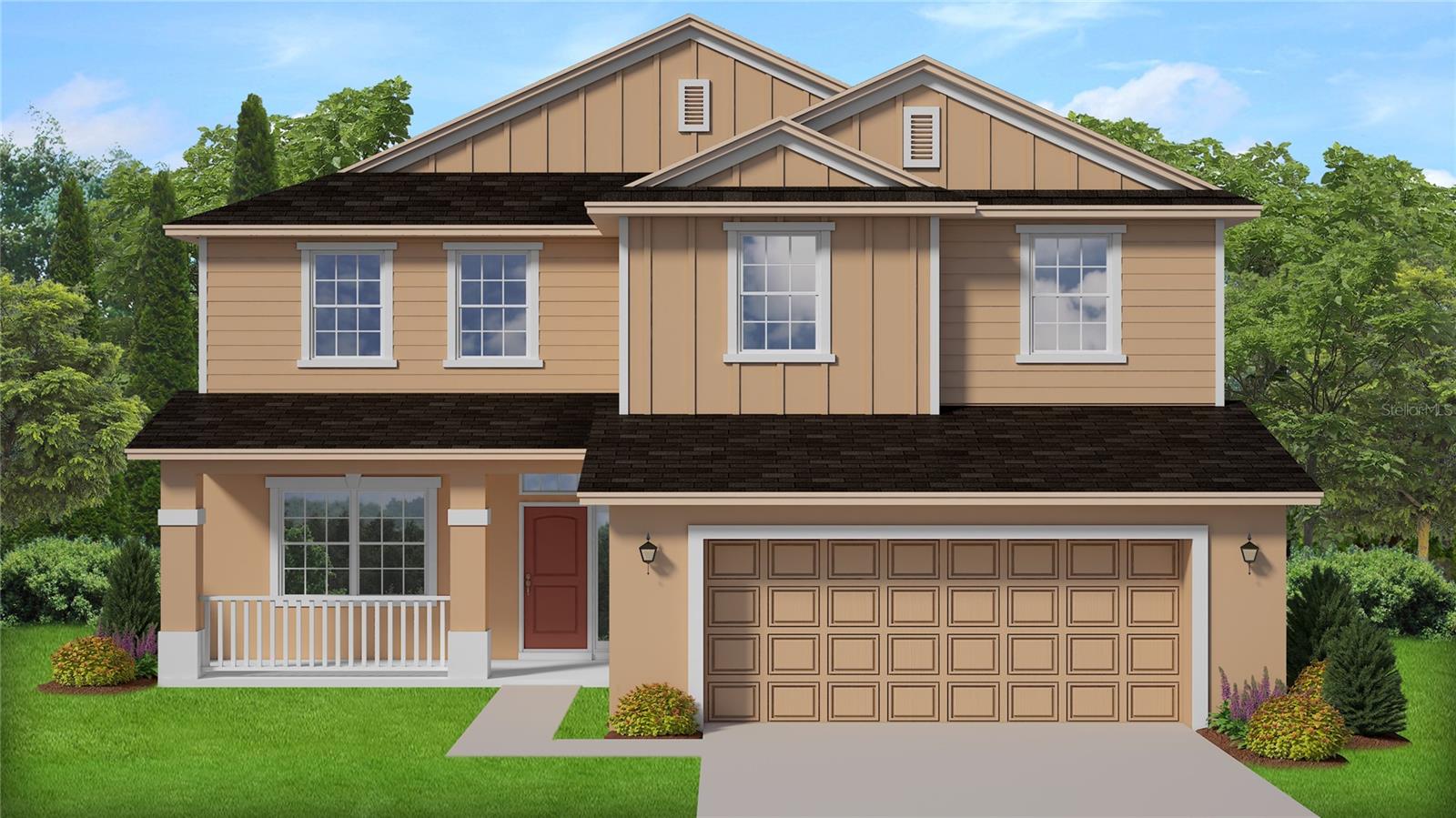 Under Construction. 2705 Approximate SF of living area in this incredible 2 story home. Looking for that home to accommodate a large family? This 5 bedroom, 3.5 bath home will fit the bill! The Primary bedroom is located on the first floor and the other 4 bedrooms are upstairs with the large entertainment room. First floor boasts 9.4 ceilings. Rear Patio, covered so you can enjoy outdoor living. Enjoy upgraded shaker style cabinets with granite and stainless appliances. The first level is tile all areas including the primary bedroom. Upstairs you will find 4 bedrooms and a large entertainment area and a huge storage closet. Great curb appeal with the railed front porch and 3’ stone accents.