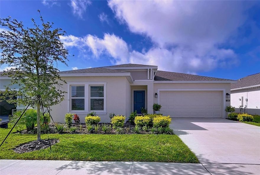 2024 Build, 4 bedroom 2 bathroom with updates throughout. Located with a lovely water view. Fenced in rear yard.  This home is move in ready and meticulously maintained Block construction with stucco exterior for durability and energy efficiency, Open-concept living room with abundant natural light and flexible layout, Kitchen with wood cabinetry, solid-surface counters, breakfast bar, and pantry, Primary suite with walk-in closet and en-suite bath (dual vanity, soaking tub, and step-in shower), Three additional bedrooms suitable for family, guests, or office space, Attached 2-car garage with laundry area and storage,  Contemporary finishes and neutral palette—move-in ready with room for personalization. Enjoy the amenities this community has to offer, to include a large clubhouse, pool, basketball courts, playground and more.