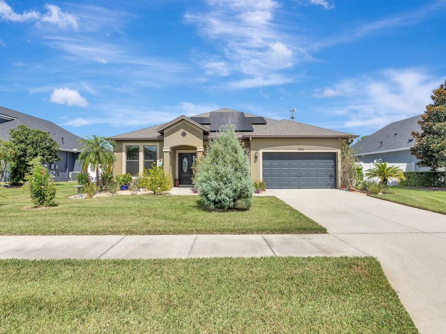 Welcome to your dream home! This stunning single-story residence features a sparkling *SALTWATER POOL* *LOW HOA* and *NO CDD fees* Built in 2014 and featuring 3 bedrooms, 2 full bathrooms, and a versatile flex space ideal for a home office, den, or hobby room. Step inside and immediately notice the pride of ownership and meticulous landscaping that set the tone for this beautifully maintained home. A charming covered front porch welcomes you in, where natural light floods the open floor plan and showcases the inviting pool view. There’s **NO CARPET** anywhere—with elegant tile laid in a diamond pattern throughout the main living areas and newer, stylish luxury vinyl plank flooring in all bedrooms!! The formal dining room provides ample space for gatherings and entertaining. At the heart of the home is a chef’s kitchen, featuring a massive center island with a stone feature that overlooks the living room and backyard. You’ll also find stainless steel appliances, 42” upper cabinets with crown molding, a gas range, upgraded quartz countertops, an undermount sink, and a spacious pantry. The primary suite is generously sized and includes a stylish barn door, private access to the screened lanai, and two walk-in closets. The en suite bathroom offers a large shower, dual vanities, and a private water closet. Step outside to your own private oasis—perfect for entertaining or simply relaxing in the Florida sunshine. The backyard features a saltwater PebbleTec pool, paver deck, screen enclosure, under roof shaded area, built in gas grill connection with the grill in place, and is fully fenced with a premium vinyl fence for privacy. This home truly combines comfort, functionality, and outdoor living at its best—ready for you to move in and enjoy! Enjoy nice upgrades like a newer A/C (2022), water softener system, irrigation system front and back, and solar panels that provide incredible savings!! You're a short distance to schools, shopping, dining, and with quick access to major roadways like I-4, within 45 minutes to Tampa International Airport, and within an hour to the theme parks in Orlando!!