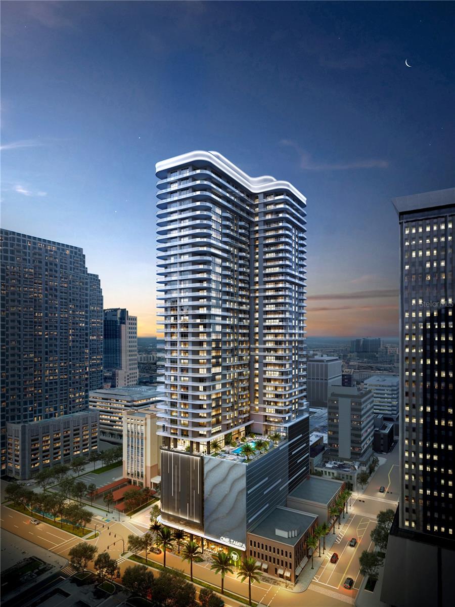 Pre-Construction. To be built. The developers of Hyde Park House are bringing the newest luxury living highrise to downtown Tampa, welcome ONE Tampa! With contemporary architecture, elegantly finished residences, and extraordinary resort-style amenities, ONE Tampa’s soaring 42-story tower is an icon in the city skyline offering a lifestyle of unparalleled luxury. Its prime downtown location, just one block from the Tampa Riverwalk and next to Curtis Hixon Waterfront Park, ensures unmatched access to an exciting range of shopping, dining, cultural attractions, and outdoor activities. The gracious entry foyer of this corner residence leads to an expansive great room surrounded by inspiring southwest views over Tampa’s Riverwalk and the bays beyond. Thoughtfully designed for elegant indoor-outdoor living and entertaining, the great room and open-plan kitchen open through multiple sets of floor-to-ceiling sliding glass doors to the deep wrap-around terrace. The owner’s suite with en-suite bathroom also features an exceptionally large walk-in closet. A den provides a peaceful space for reading or movies and a powder room is convenient when entertaining guests. ONE Tampa provides residents with exclusive access to a host of indoor and outdoor amenities and services that elevate everyday living into something effortlessly enjoyable. From the moment of arrival in ONE Tampa’s chic, fully staffed lobby, residents enjoy flawless personal services as well an exclusive collection of amenities. Set at the 11th and 12th floors and overlooking two parks, indoor and outdoor amenities for health, wellness, socializing, and relaxation include a resort-style pool terrace, an extensive clubhouse, a state-of-the-art fitness center, and a well-equipped business lounge featuring inspiring work from home spaces.
2 BEDROOMS | 2.5 BATHROOMS | DEN
INTERIOR | 2,150 sq ft
EXTERIOR | 380 sq ft
