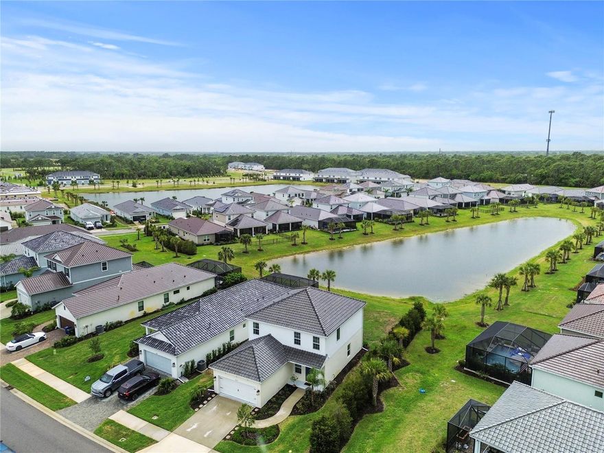 Practically new with a beautiful view! Make your way to Grand Park by Neal Communities, a masterfully designed amenity rich community, and soak in the charm the moment your enter. Meander through expansive green areas, pass state of the art amenities, and find your way home. This lovely home perches on a long view waterfront that is private and boasts western exposure for colorful evening skies.  Nearly 2,200 sf is comprised 3 bedrooms upstairs, a loft, a flex room and a rare opportunity for the 3 car tandem garage. Fantastic curb appeal welcomes you home. The first floor is all about the living space. Open concept with enormous great room that connects to an open dining room and kitchen that is light and bright all with views to the blue outback. Kitchen has modern quartz, extended island with counter top seating, stainless steel appliances, gas stove, and slider access to the covered patio. Also you'll find a flex room with French doors that can be used for anything, walk in pantry, breeze room, and wood look planking flows throughout the home. Take to the upstairs where your loft is centered amongst the bedrooms. Large ensuite with dual vanities and walk in shower. Dedicated laundry centrally located for added convenience. Find something for everyone in Grand Park. Incredible location, minutes from the interstate and a dream list of things to do from swimming to basketball, pickle ball, tennis, dog parks, soccer fields, workout center, playgrounds, clubhouse, greens spaces connected by trails, tons of activities and all of this is within walking distance to your front door. Come visit today by scheduling a private showing.