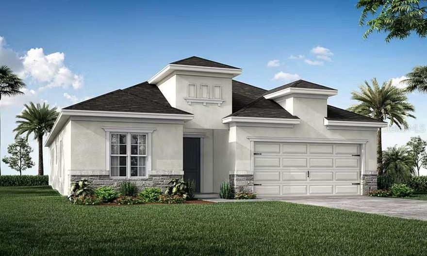 Under Construction. New construction home with 2029 square feet one-story including 4 bedrooms, 2.5 baths, and an open living area. Enjoy an open kitchen with 42" shaker-style cabinets, Samsung stainless steel appliances, pantry, and a spacious counter height island, fully open to the dining café and gathering room. Silestone countertops, The living area, laundry room, and baths include luxury wood vinyl plank flooring, with stain-resistant carpet in the bedrooms. Your owner's suite is complete with a walk-in wardrobe and a private en-suite bath with dual vanities, a tiled shower, and a closeted toilet. Jack-and-Jill hall bath with an enclosed tub and toilet, accessed from bedrooms 3 and 4. Plus, enjoy a covered lanai, 2-car garage, custom-fit window blinds, architectural shingles, energy-efficient insulation and windows, and a full builder warranty. Please note, virtual tour/photos showcases the home layout; colors and design options in actual home for sale may differ. Furnishings and décor do not convey."