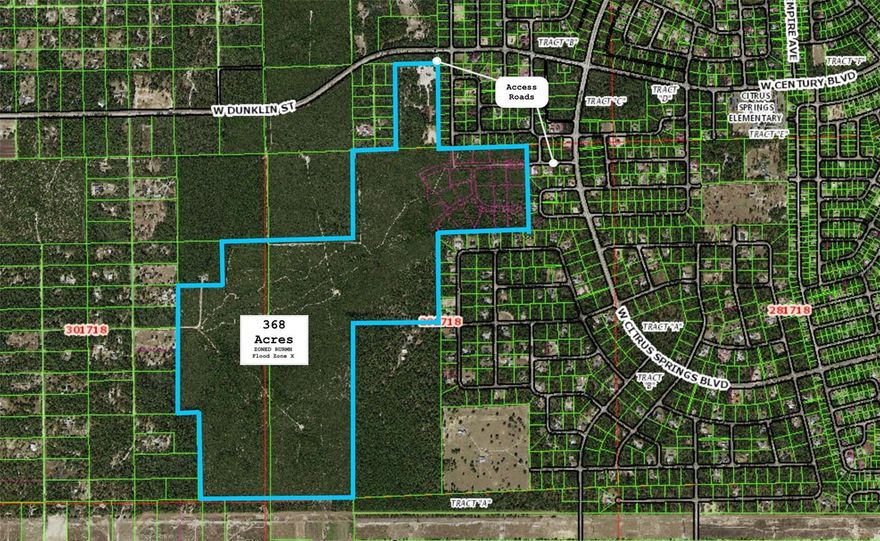 Presented for acquisition is a rare, high-and-dry ±368-acre land assemblage with three points of legal road access in Citrus County, Florida, strategically positioned within the Tampa–St. Petersburg MSA—one of the nation’s fastest-growing regions with over 3.3 million residents. Citrus County continues to capture value-driven in-migration as growth expands north from Tampa. The property offers strong regional connectivity, located minutes from Crystal River, Lecanto, Homosassa, Inverness, and the Ocala MSA. Access is further enhanced by the recently extended Suncoast Parkway, a $180 million state investment now reaching CR 486 with planned continuation toward US-19, placing the final expansion corridor near the site. Zoned RUR/MH, the assemblage sits between higher-density growth corridors and surrounding agricultural and conservation lands. The site includes 41 previously platted single-family lots averaging ±1.5 acres, providing near-term monetization potential. Remaining acreage supports residential development at one unit per ten acres, with density increases to one unit per five acres achievable through a Planned Unit Development (PUD). Permitted uses include single-family residential, agricultural operations, and water and wastewater utility facilities, with additional conditional uses such as assisted living, attached housing, communications infrastructure, and community-serving facilities—significantly expanding development optionality. Citrus County is actively advancing comprehensive plan updates under its 2050 Vision, transitioning away from legacy DRI structures toward expanded Public Service Areas and flexible development agreements. Additionally, the Florida Live Local Act offers a compelling entitlement-acceleration pathway, allowing limited workforce or affordable housing components to unlock zoning certainty, density flexibility, and compressed approval timelines. This offering represents a high-conviction land-banking and entitlement-arbitrage opportunity, combining near-term lot sales with mid-term entitlement upside and long-term value creation driven by infrastructure investment and sustained regional growth.
